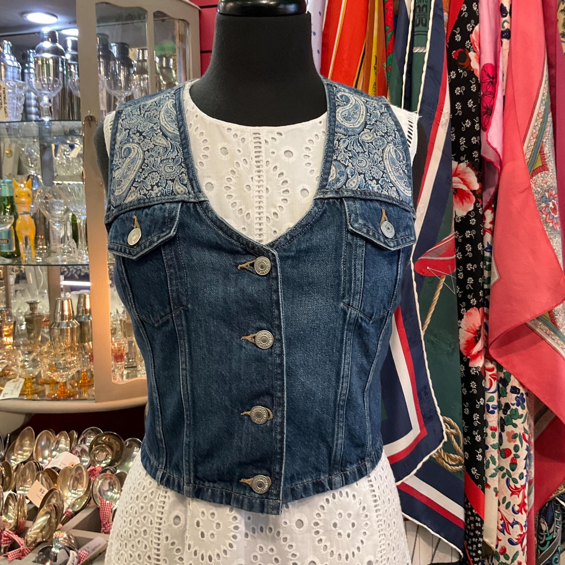 Unique Up Cycled Vintage Levi’s Denim waistcoat with Liberty ‘Lee Manor ‘ Paisley Tana Lawn, Size Uk 8/10