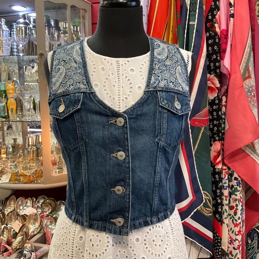 Unique Up Cycled Vintage Levi’s Denim waistcoat with Liberty ‘Lee Manor ‘ Paisley Tana Lawn, Size Uk 8/10