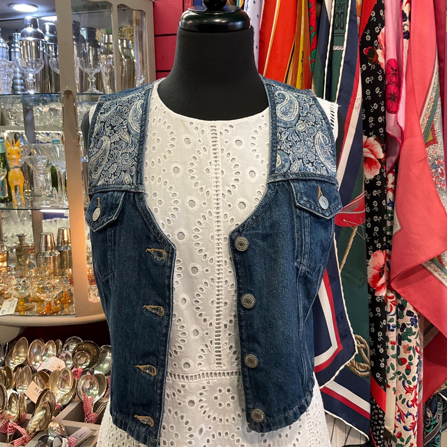 Unique Up Cycled Vintage Levi’s Denim waistcoat with Liberty ‘Lee Manor ‘ Paisley Tana Lawn, Size Uk 8/10