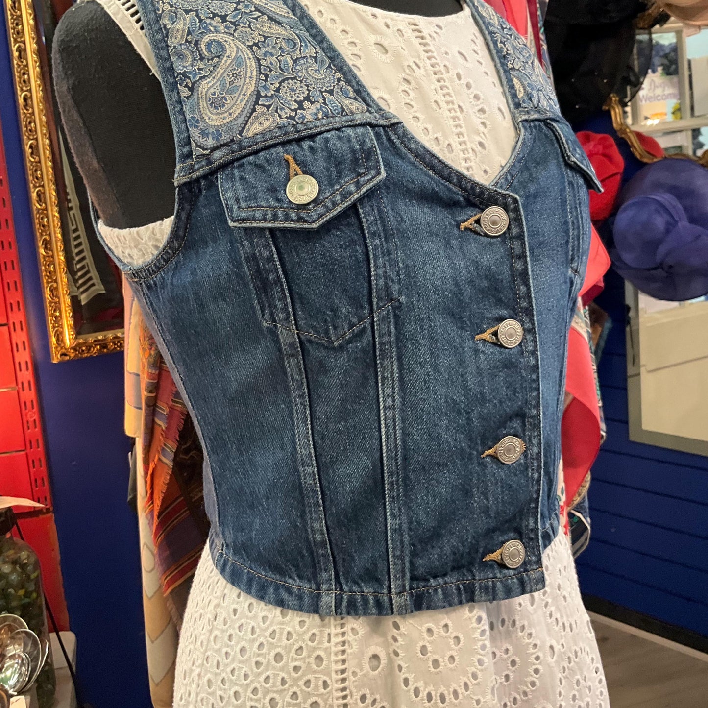 Unique Up Cycled Vintage Levi’s Denim waistcoat with Liberty ‘Lee Manor ‘ Paisley Tana Lawn, Size Uk 8/10