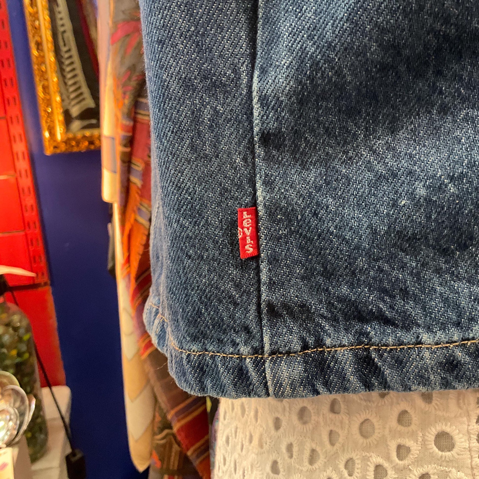 Unique Up Cycled Vintage Levi’s Denim waistcoat with Liberty ‘Lee Manor ‘ Paisley Tana Lawn, Size Uk 8/10