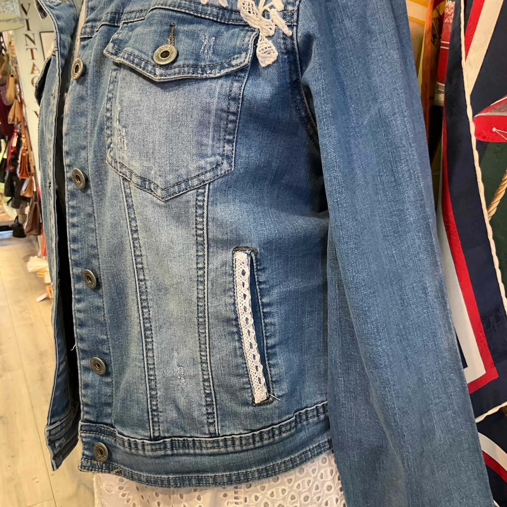 Unique Up Cycled Pre Loved Denim Jacket with Hand Embellished Vintage Guipre Lace , Size UK 12/14