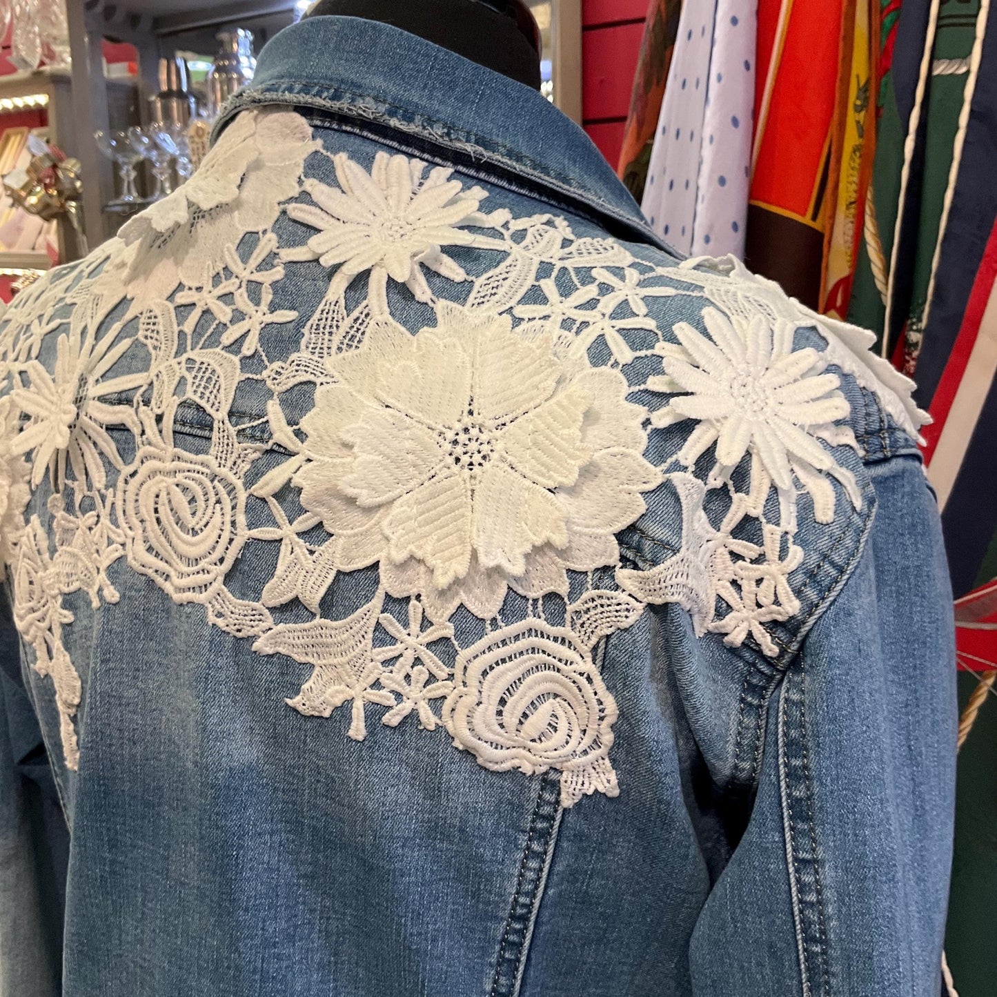 Unique Up Cycled Pre Loved Denim Jacket with Hand Embellished Vintage Guipre Lace , Size UK 12/14