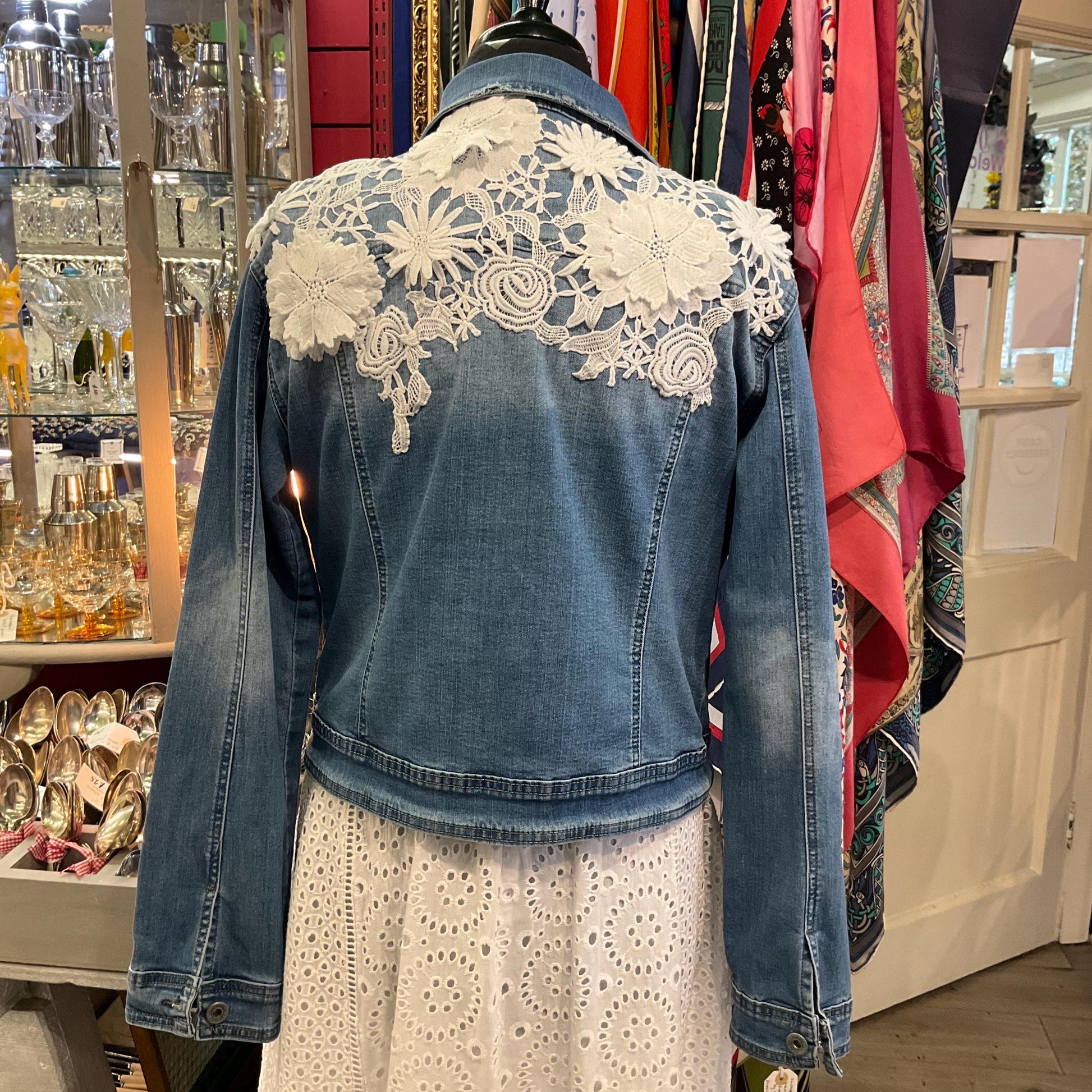 Unique Up Cycled Pre Loved Denim Jacket with Hand Embellished Vintage Guipre Lace , Size UK 12/14