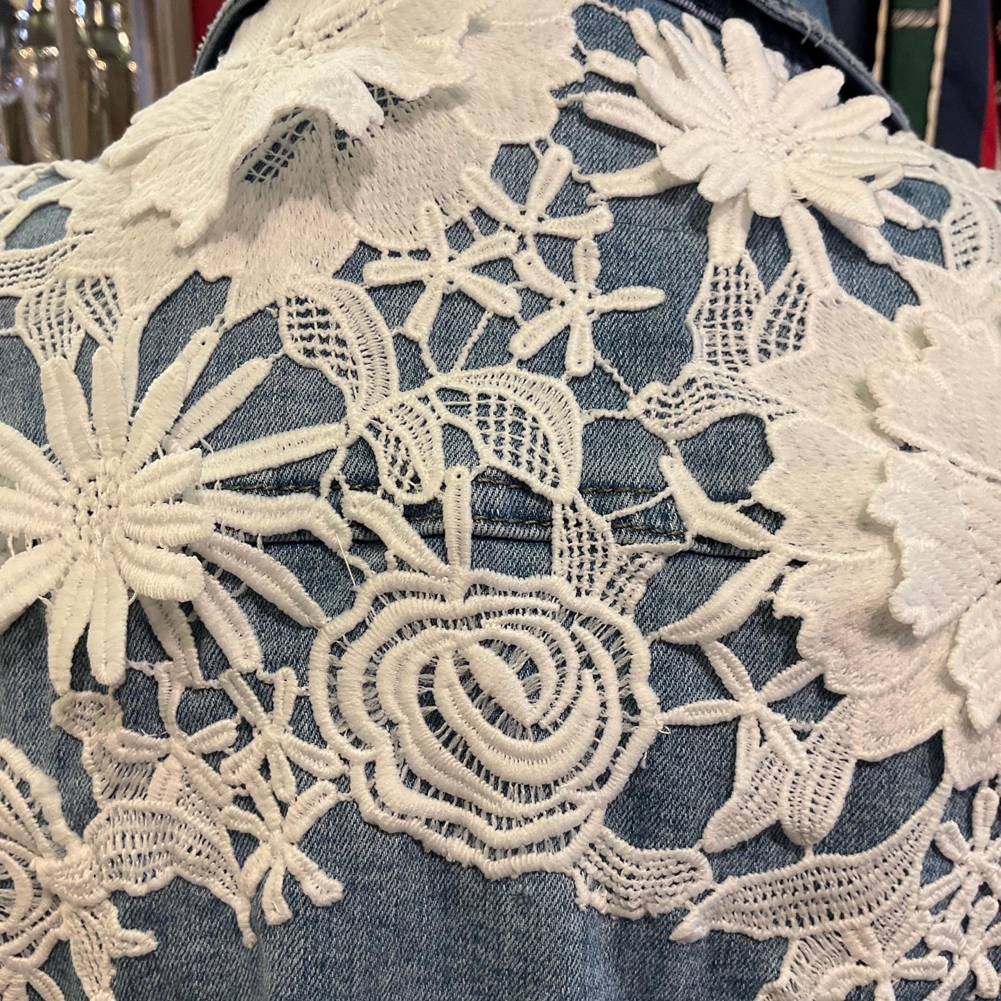 Unique Up Cycled Pre Loved Denim Jacket with Hand Embellished Vintage Guipre Lace , Size UK 12/14