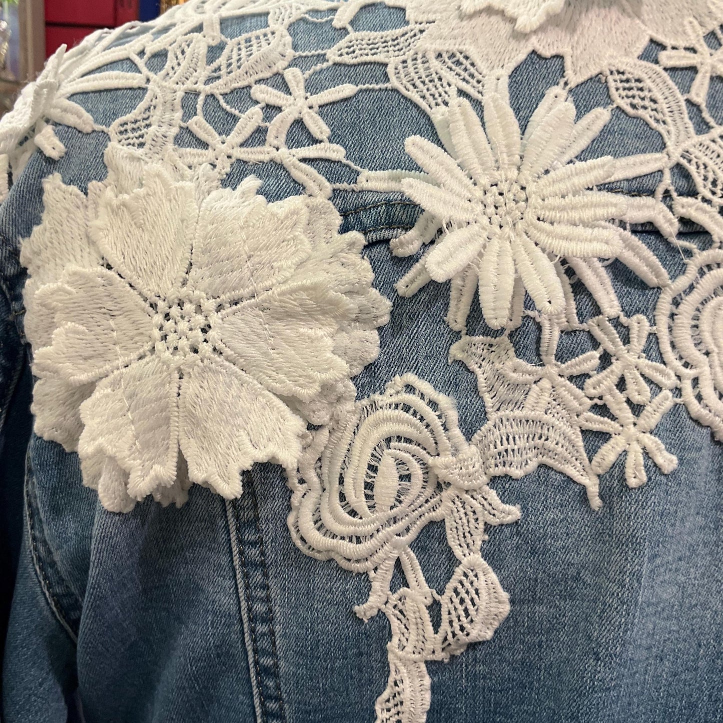Unique Up Cycled Pre Loved Denim Jacket with Hand Embellished Vintage Guipre Lace , Size UK 12/14