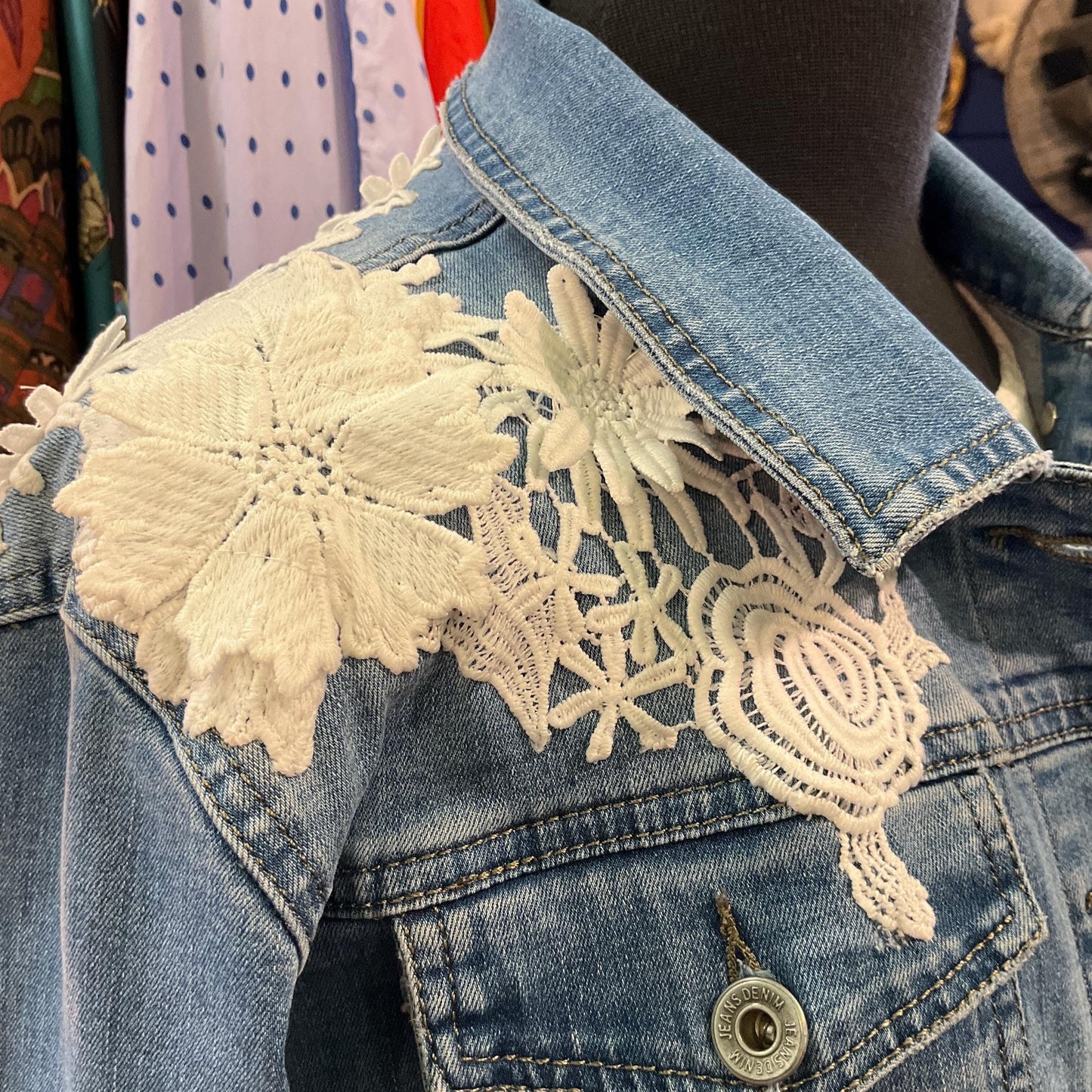 Unique Up Cycled Pre Loved Denim Jacket with Hand Embellished Vintage Guipre Lace , Size UK 12/14