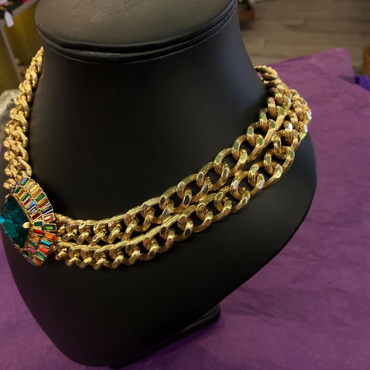 Vintage Butler and Wilson Egyptian Revival Style Statement Rainbow Crystal Necklace, Gold Tone link Chain with large Deep Turquoise Crystal