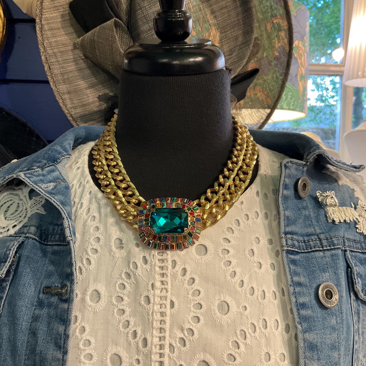 Vintage Butler and Wilson Egyptian Revival Style Statement Rainbow Crystal Necklace, Gold Tone link Chain with large Deep Turquoise Crystal