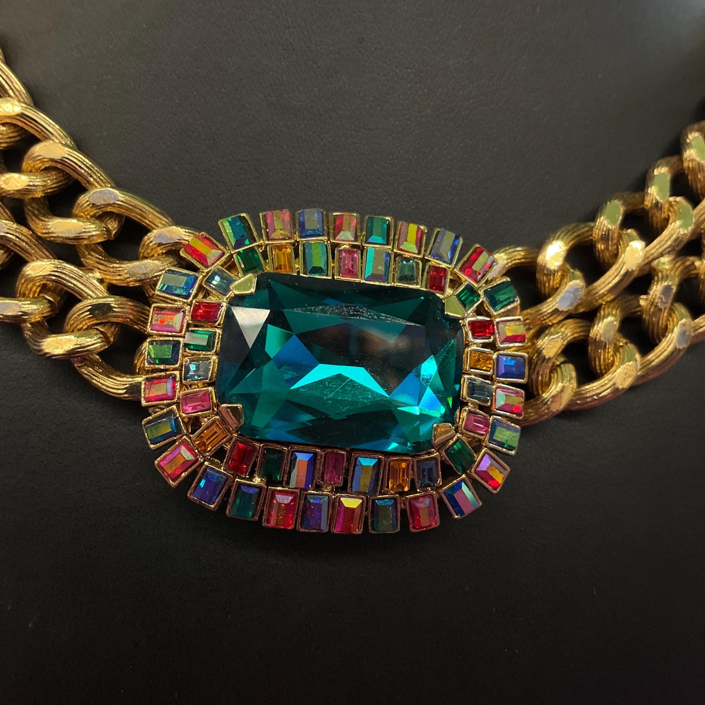 Vintage Butler and Wilson Egyptian Revival Style Statement Rainbow Crystal Necklace, Gold Tone link Chain with large Deep Turquoise Crystal