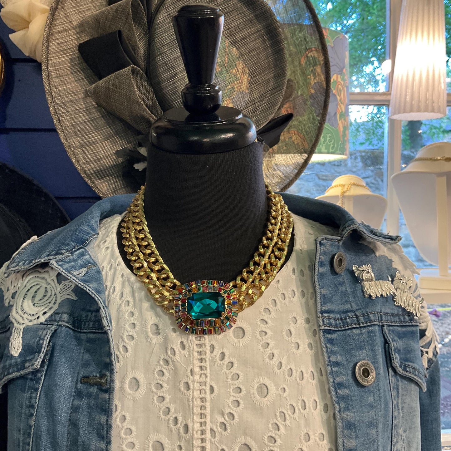 Vintage Butler and Wilson Egyptian Revival Style Statement Rainbow Crystal Necklace, Gold Tone link Chain with large Deep Turquoise Crystal