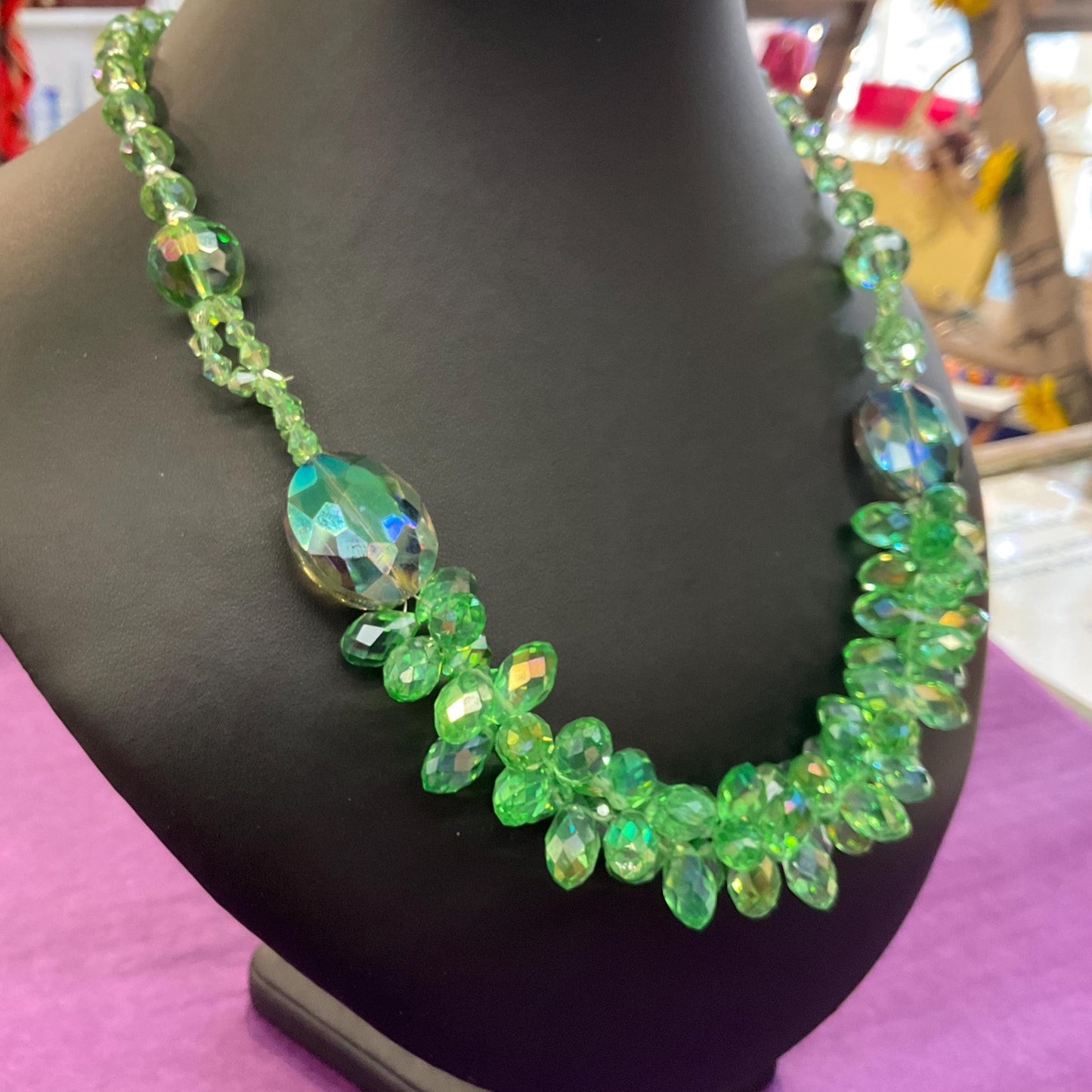 Vintage Butler and Wilson Statement Green Borealis Crystal Cluster Necklace, faceted crystals and silver beads