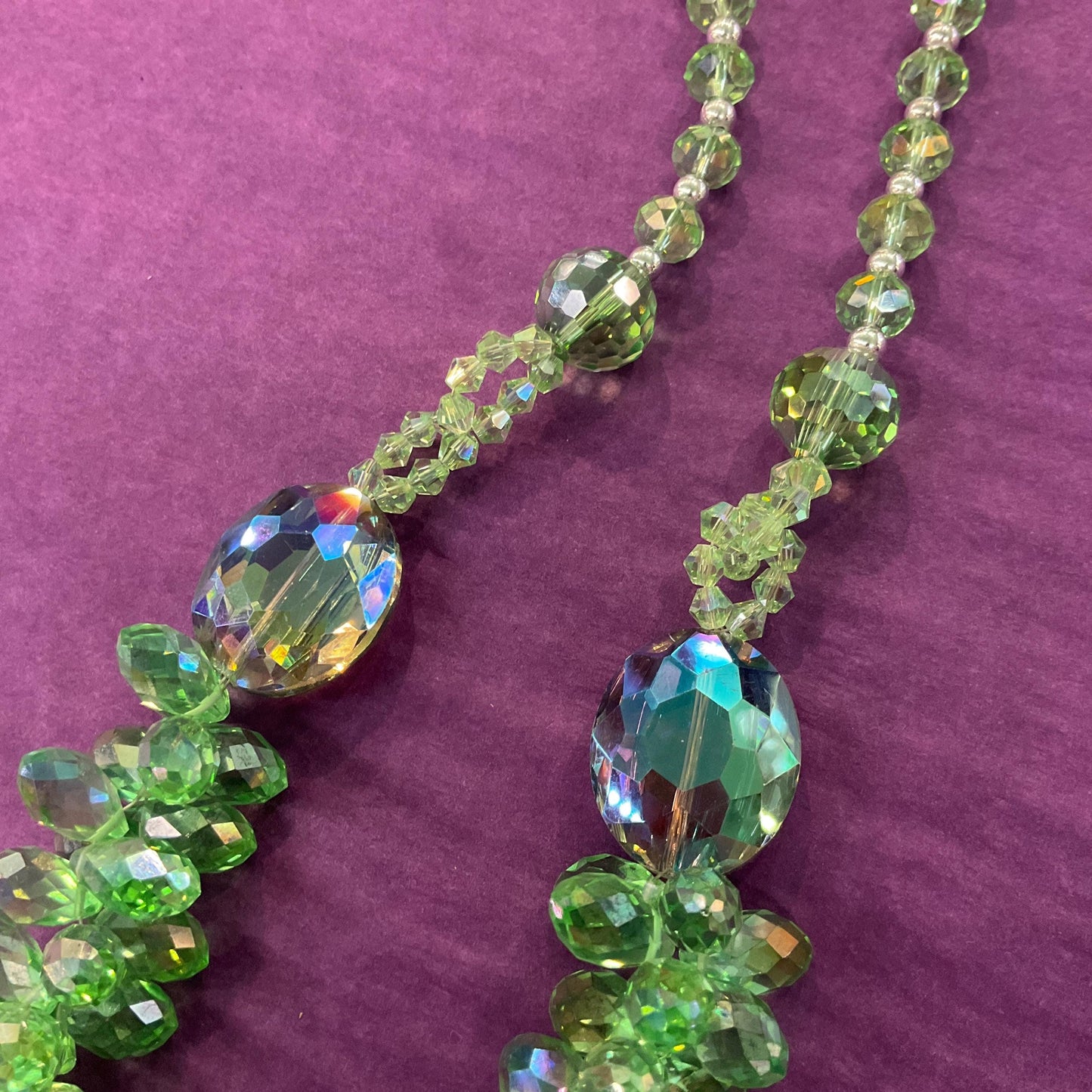 Vintage Butler and Wilson Statement Green Borealis Crystal Cluster Necklace, faceted crystals and silver beads