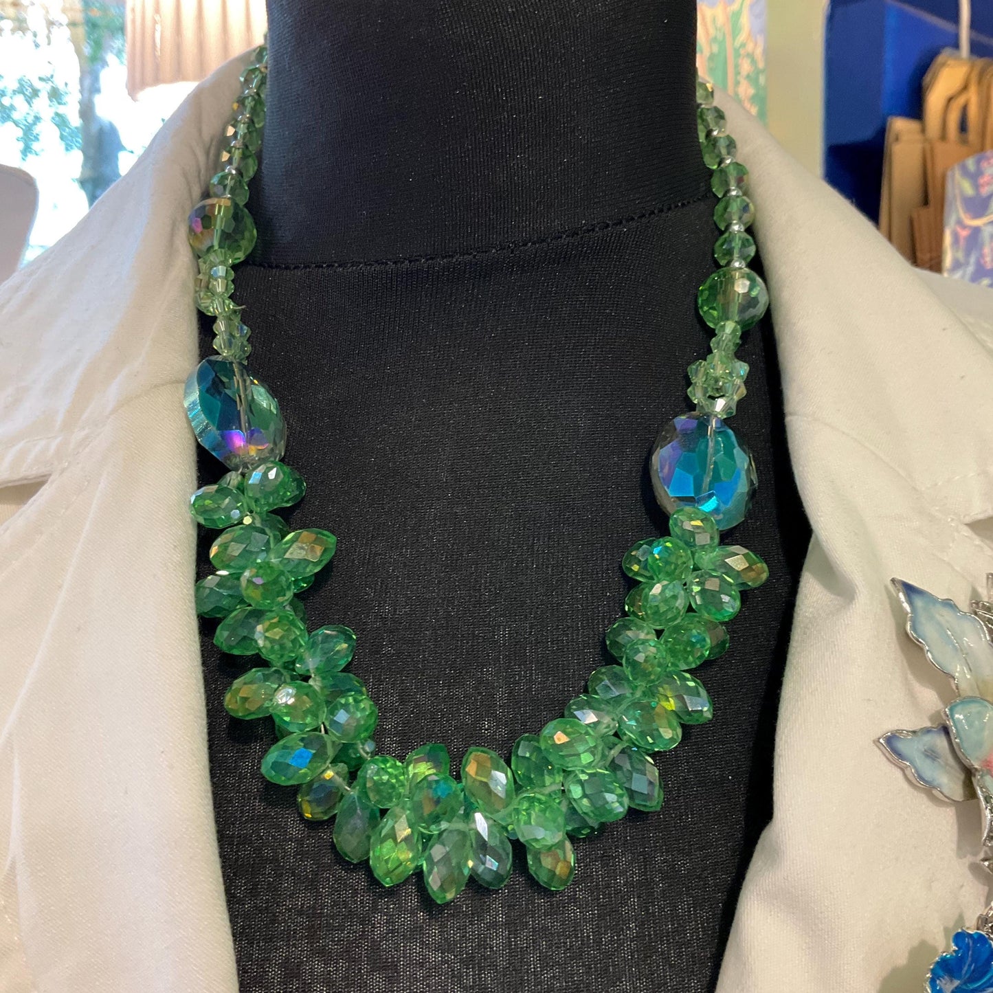 Vintage Butler and Wilson Statement Green Borealis Crystal Cluster Necklace, faceted crystals and silver beads