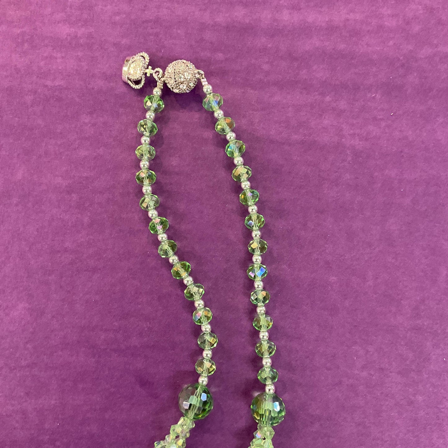 Vintage Butler and Wilson Statement Green Borealis Crystal Cluster Necklace, faceted crystals and silver beads