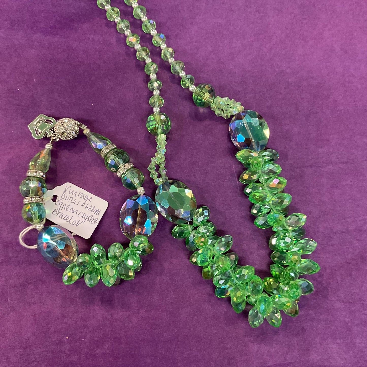 Vintage Butler and Wilson Statement Green Borealis Crystal Cluster Necklace, faceted crystals and silver beads