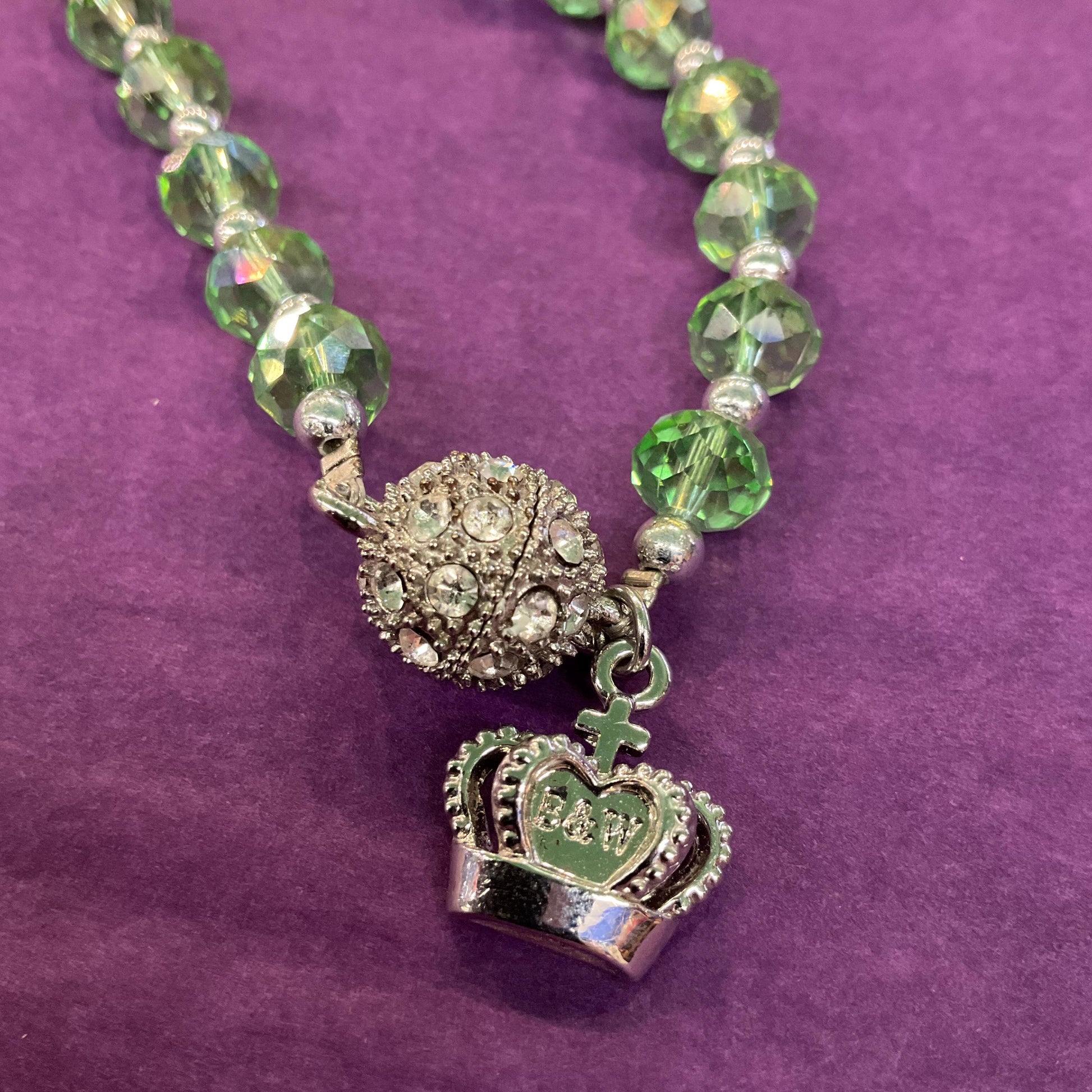 Vintage Butler and Wilson Statement Green Borealis Crystal Cluster Necklace, faceted crystals and silver beads