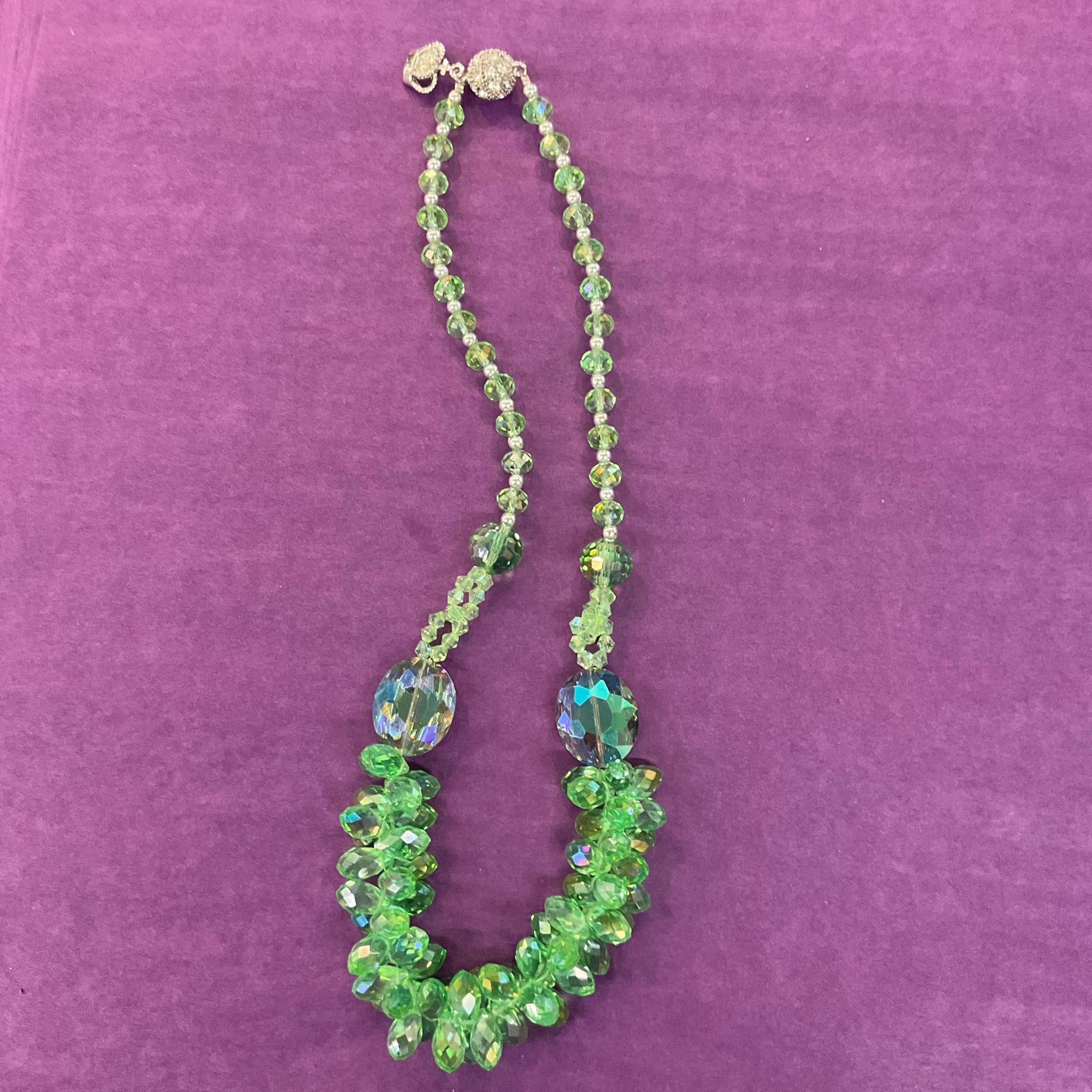 Vintage Butler and Wilson Statement Green Borealis Crystal Cluster Necklace, faceted crystals and silver beads