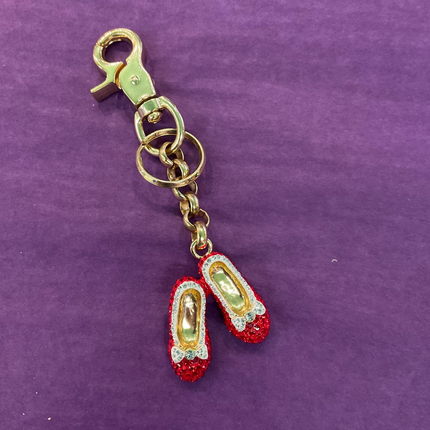 Vintage Butler and Wilson Crystal Dorothy’s Ruby Slippers Hand Bag charm and Keyring, gold tone with red and silver rhinestones