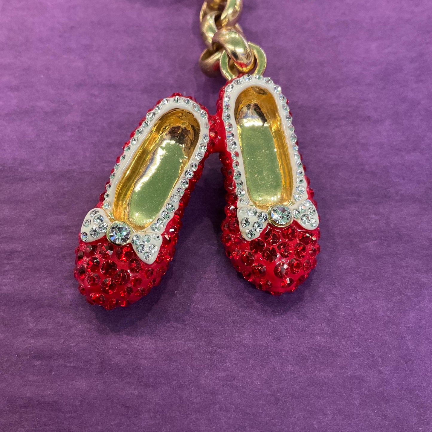 Vintage Butler and Wilson Crystal Dorothy’s Ruby Slippers Hand Bag charm and Keyring, gold tone with red and silver rhinestones