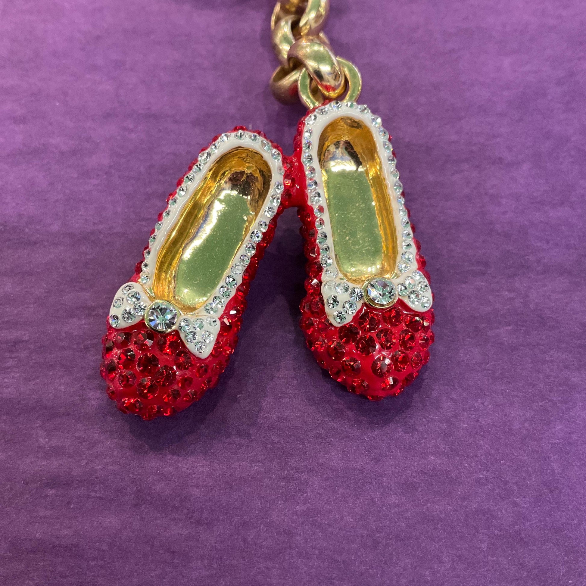 Vintage Butler and Wilson Crystal Dorothy’s Ruby Slippers Hand Bag charm and Keyring, gold tone with red and silver rhinestones