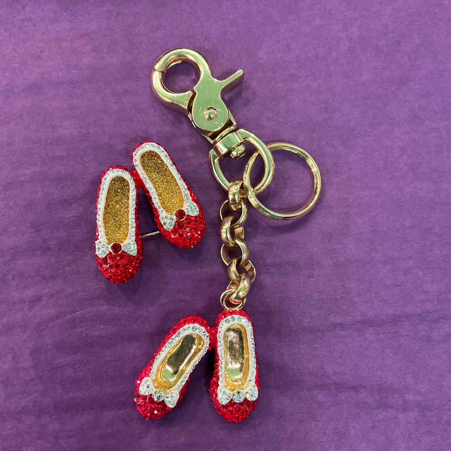 Vintage Butler and Wilson Crystal Dorothy’s Ruby Slippers Hand Bag charm and Keyring, gold tone with red and silver rhinestones