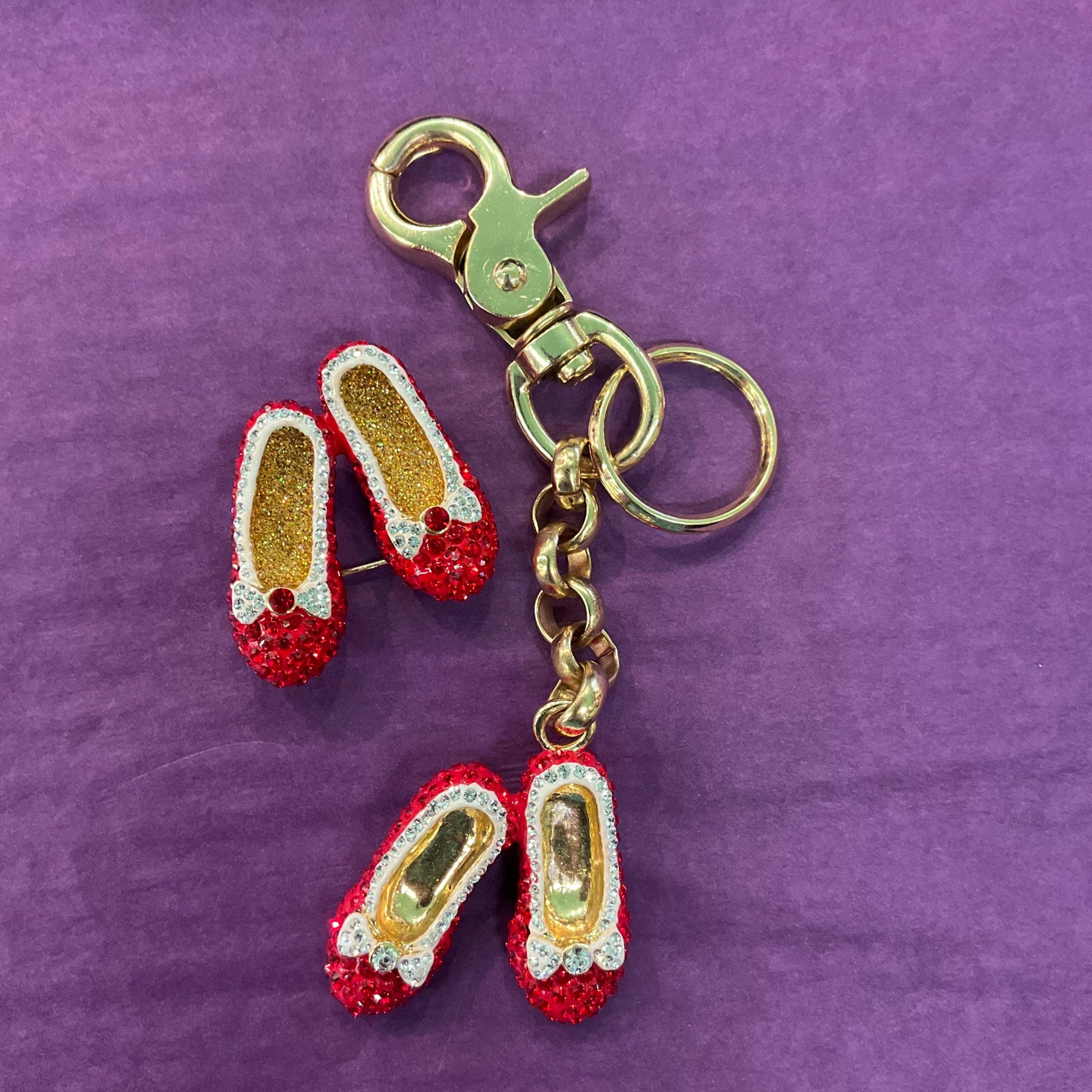 Vintage Butler and Wilson Crystal Dorothy’s Ruby Slippers Hand Bag charm and Keyring, gold tone with red and silver rhinestones