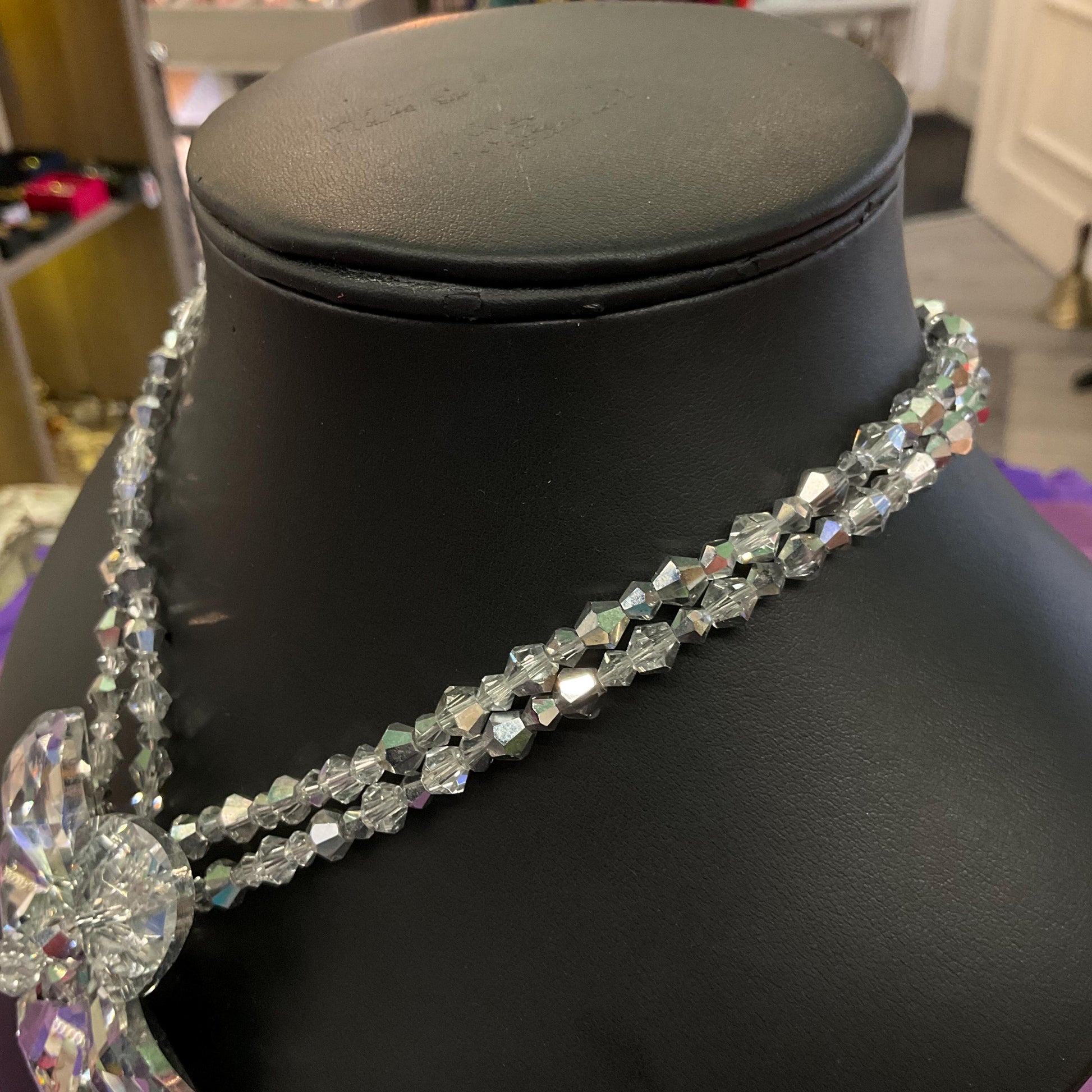 Vintage Butler and Wilson Silver Crystal Flower Beaded Necklace, chequerboard cut petals onto a beaded chain