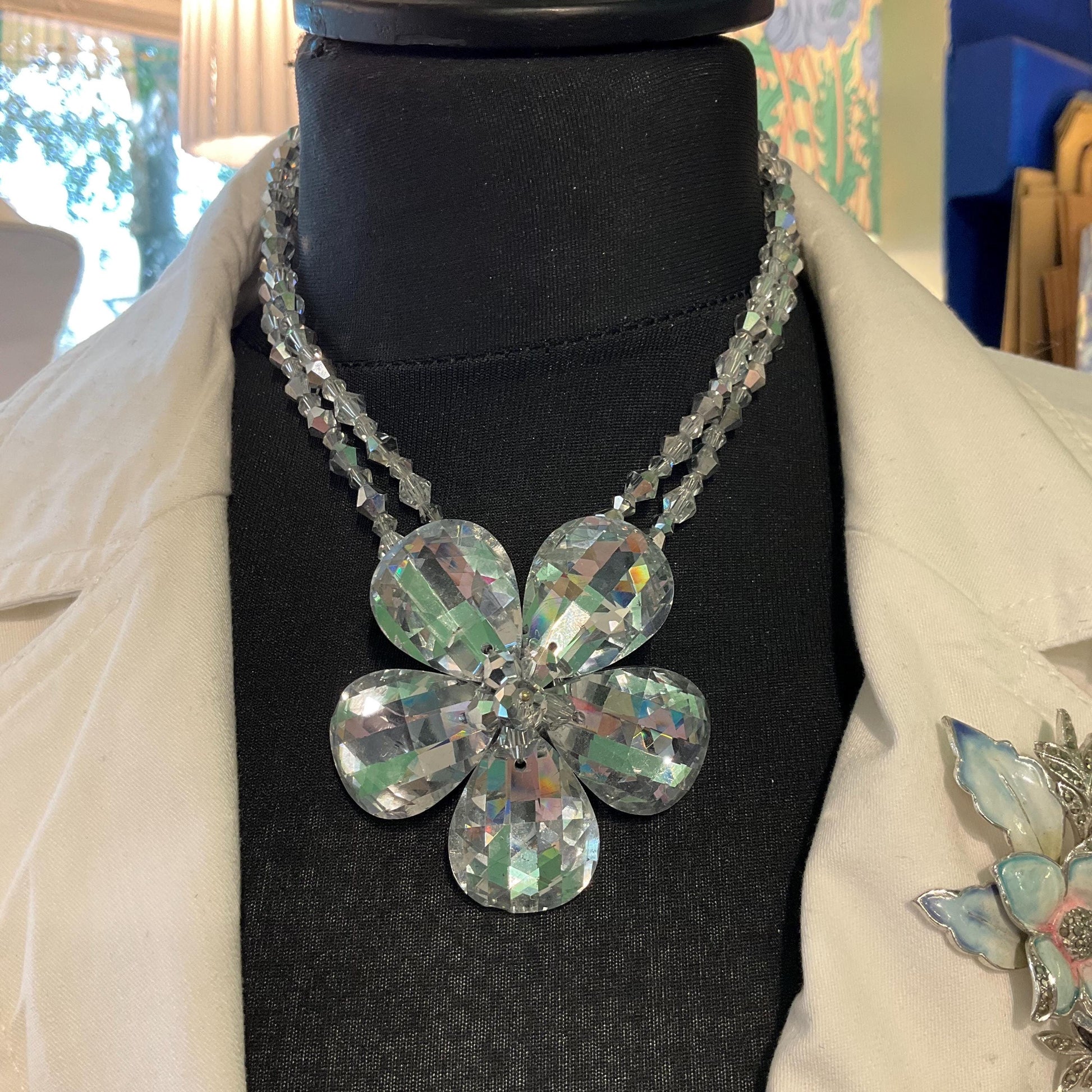 Vintage Butler and Wilson Silver Crystal Flower Beaded Necklace, chequerboard cut petals onto a beaded chain