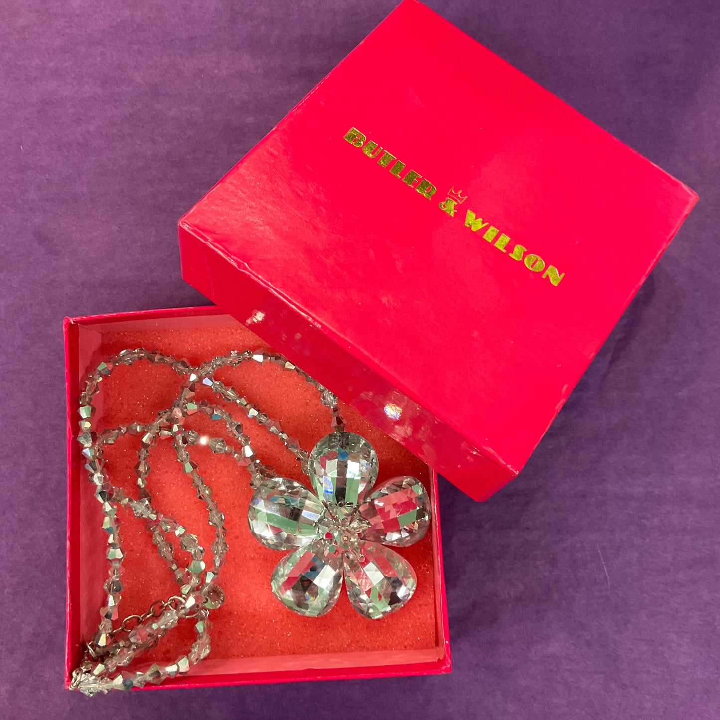 Vintage Butler and Wilson Silver Crystal Flower Beaded Necklace, chequerboard cut petals onto a beaded chain