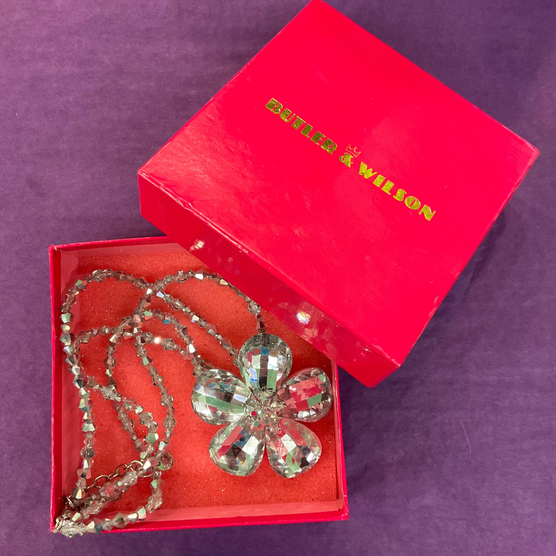 Vintage Butler and Wilson Silver Crystal Flower Beaded Necklace, chequerboard cut petals onto a beaded chain