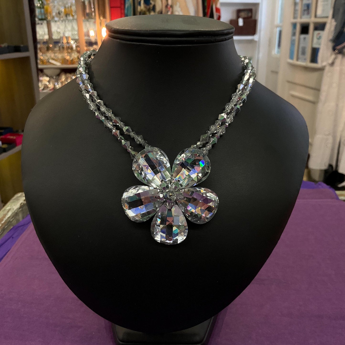 Vintage Butler and Wilson Silver Crystal Flower Beaded Necklace, chequerboard cut petals onto a beaded chain