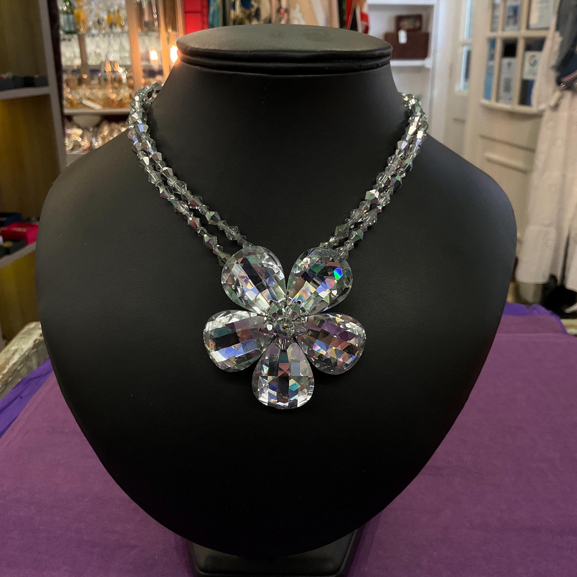 Vintage Butler and Wilson Silver Crystal Flower Beaded Necklace, chequerboard cut petals onto a beaded chain