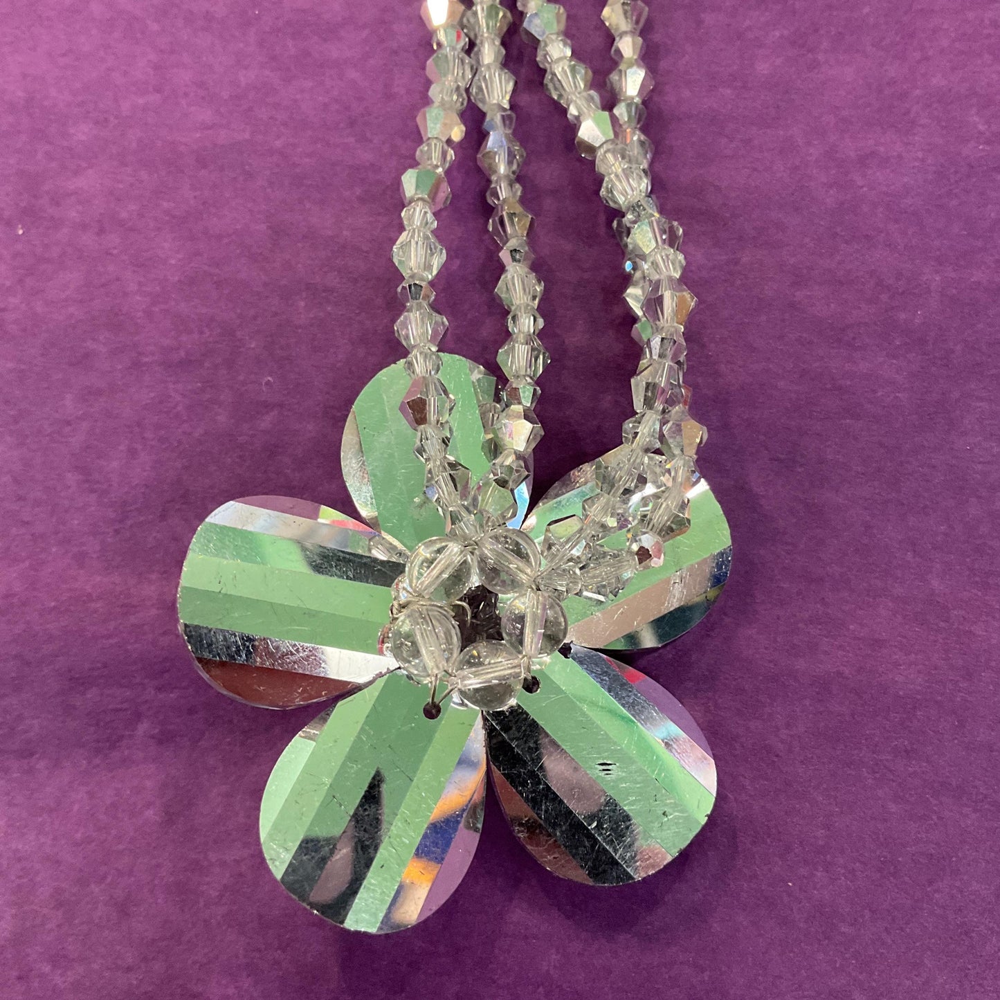 Vintage Butler and Wilson Silver Crystal Flower Beaded Necklace, chequerboard cut petals onto a beaded chain