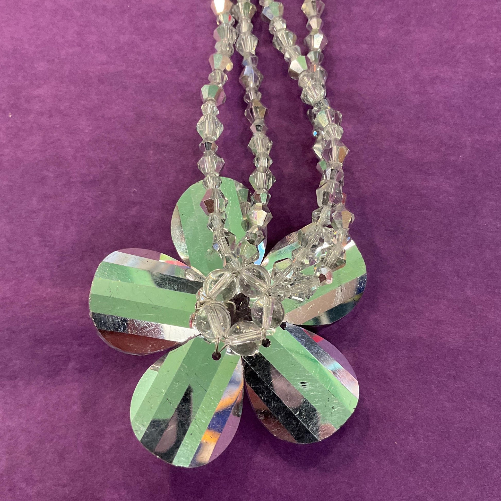 Vintage Butler and Wilson Silver Crystal Flower Beaded Necklace, chequerboard cut petals onto a beaded chain