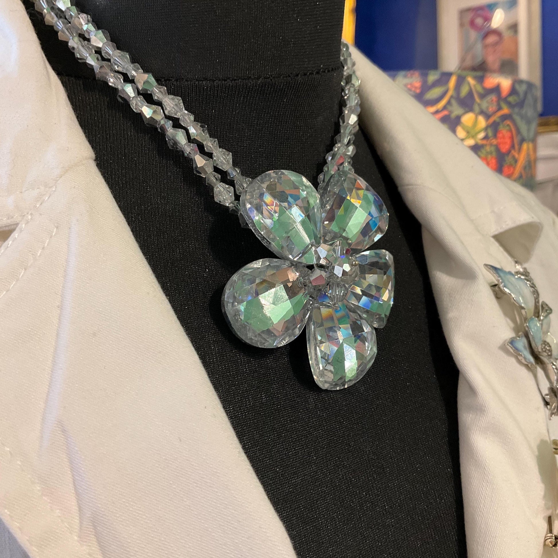 Vintage Butler and Wilson Silver Crystal Flower Beaded Necklace, chequerboard cut petals onto a beaded chain