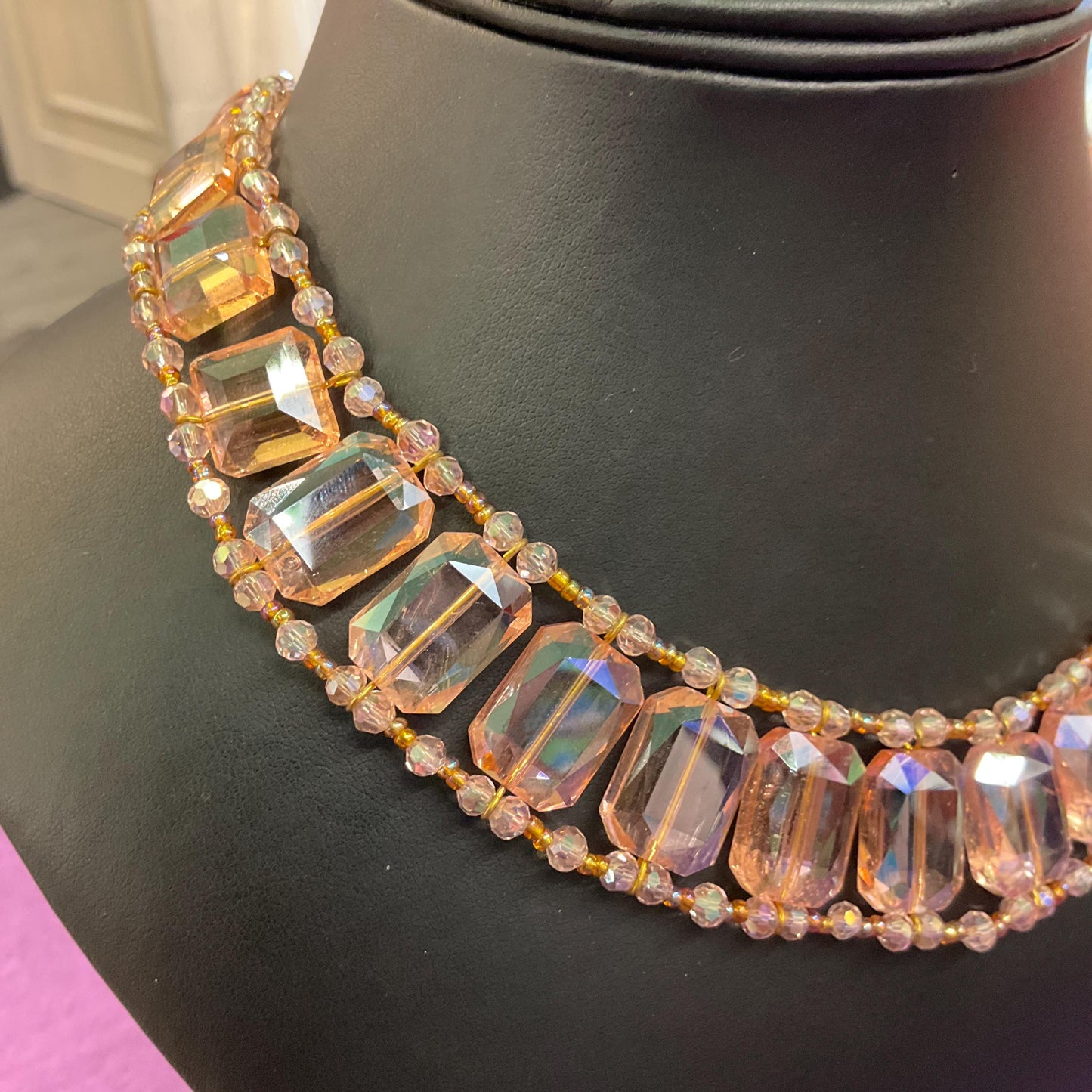 Vintage Butler and Wilson Pink Crystal Collar Necklace , pale pink rectangular crystals, beads and seed beads