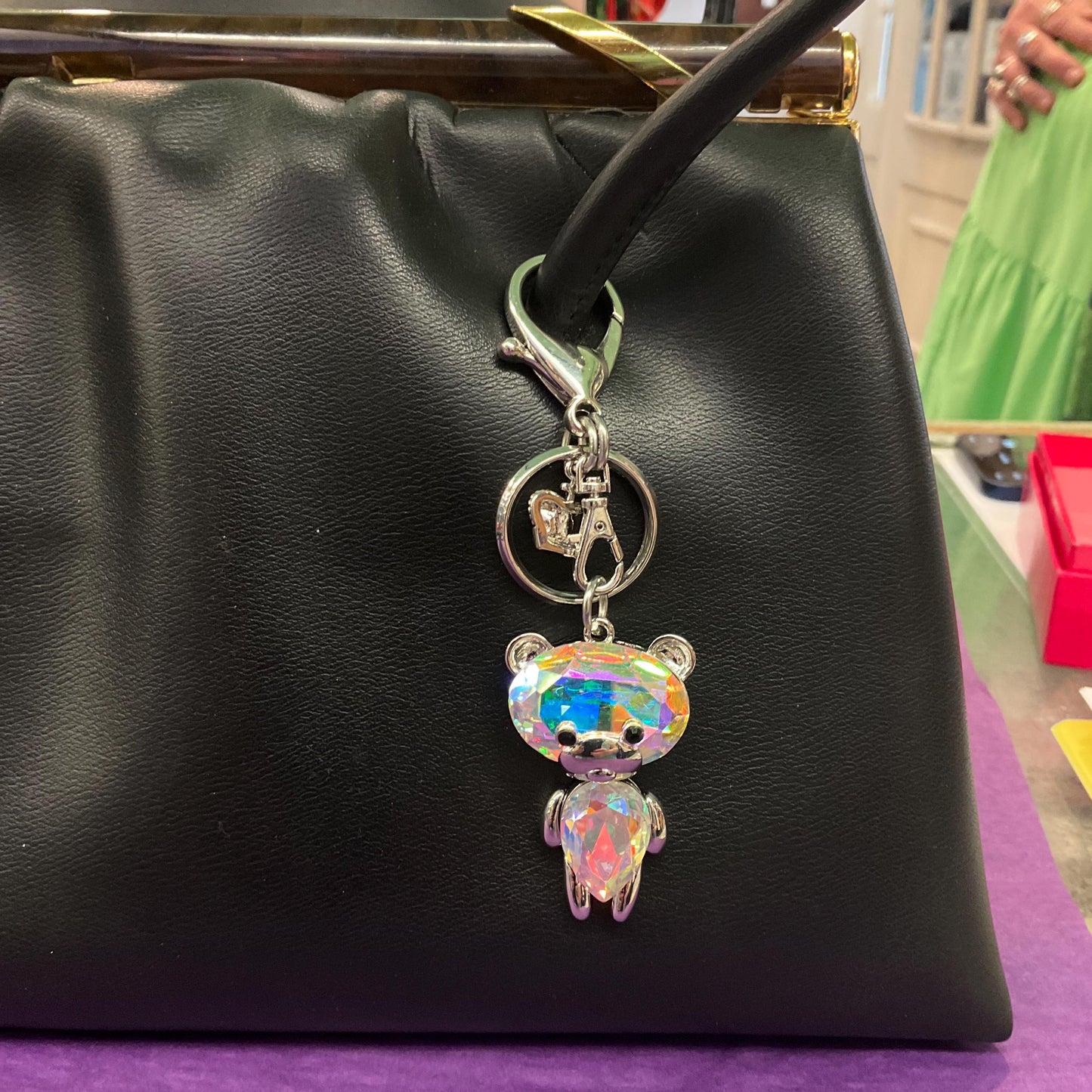 Vintage Butler and Wilson Crystal Teddy Bear Handbag Charm and Keyring, Silver tone with Aurora Borealis Large crystals