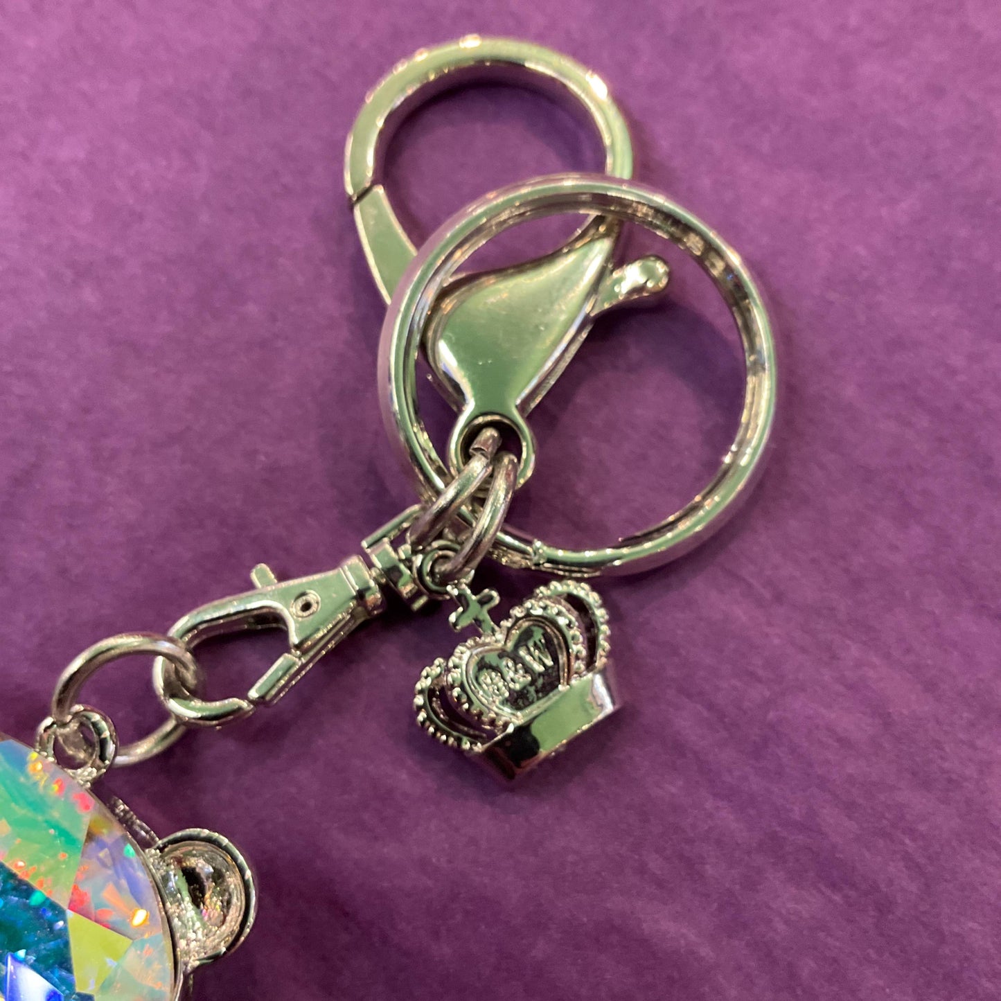 Vintage Butler and Wilson Crystal Teddy Bear Handbag Charm and Keyring, Silver tone with Aurora Borealis Large crystals