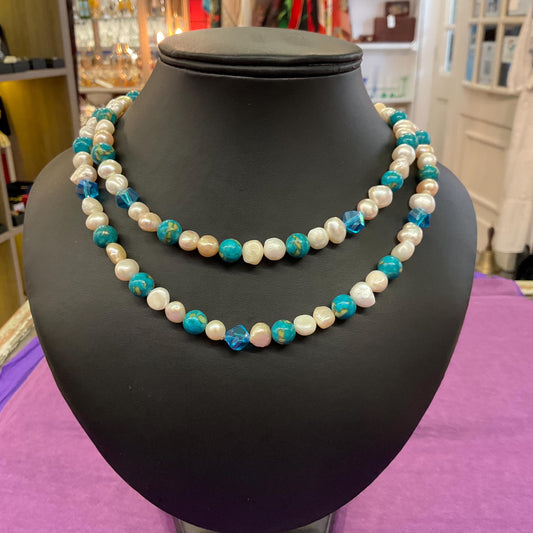Vintage Ivory Freah Water Pearl and Turquoise Opera Length Beaded Necklace, unworn with original tags