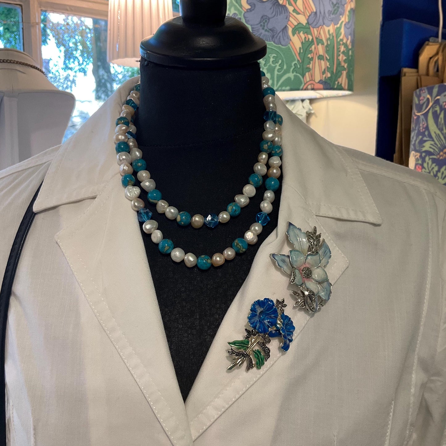 Vintage Ivory Freah Water Pearl and Turquoise Opera Length Beaded Necklace, unworn with original tags