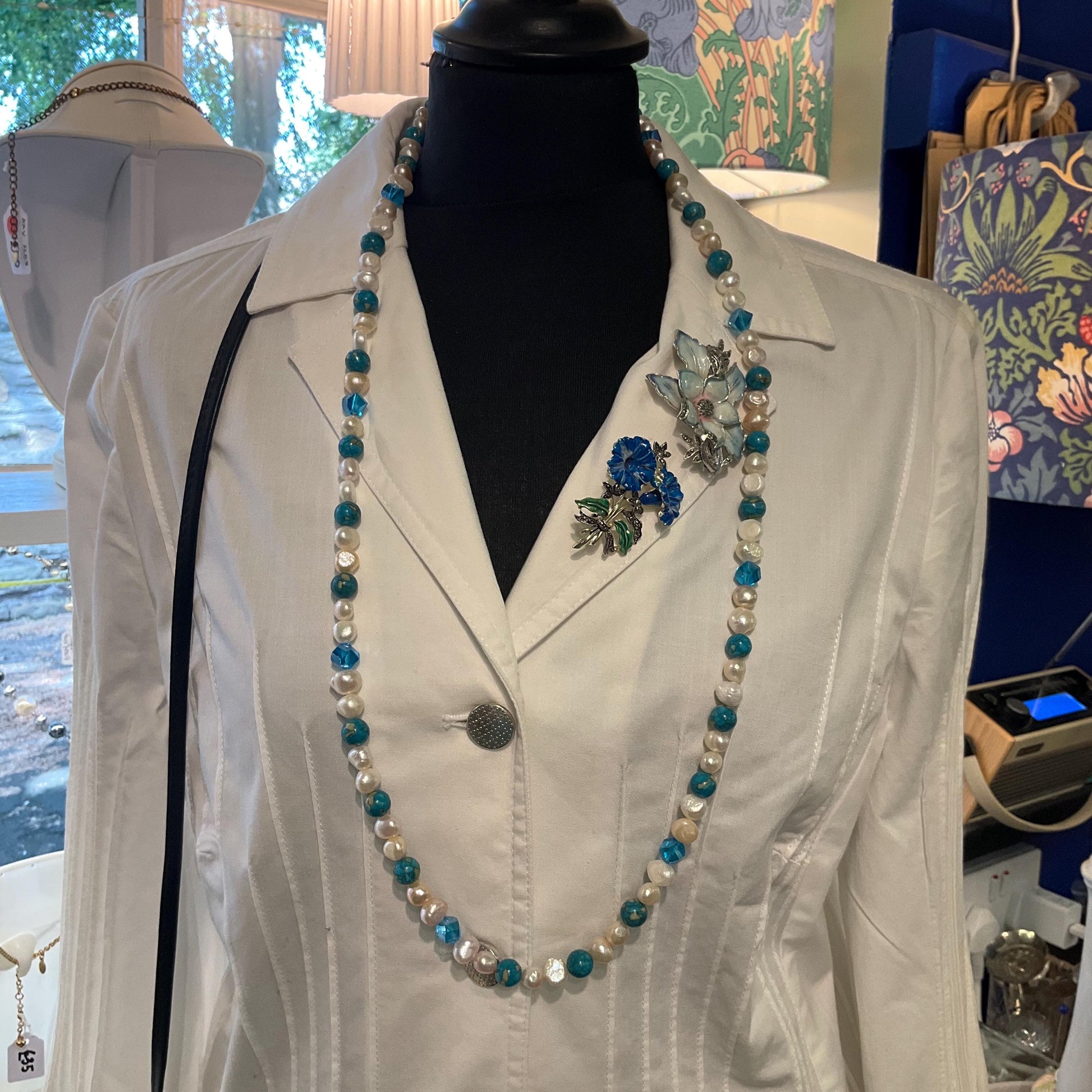 Vintage Ivory Freah Water Pearl and Turquoise Opera Length Beaded Necklace, unworn with original tags