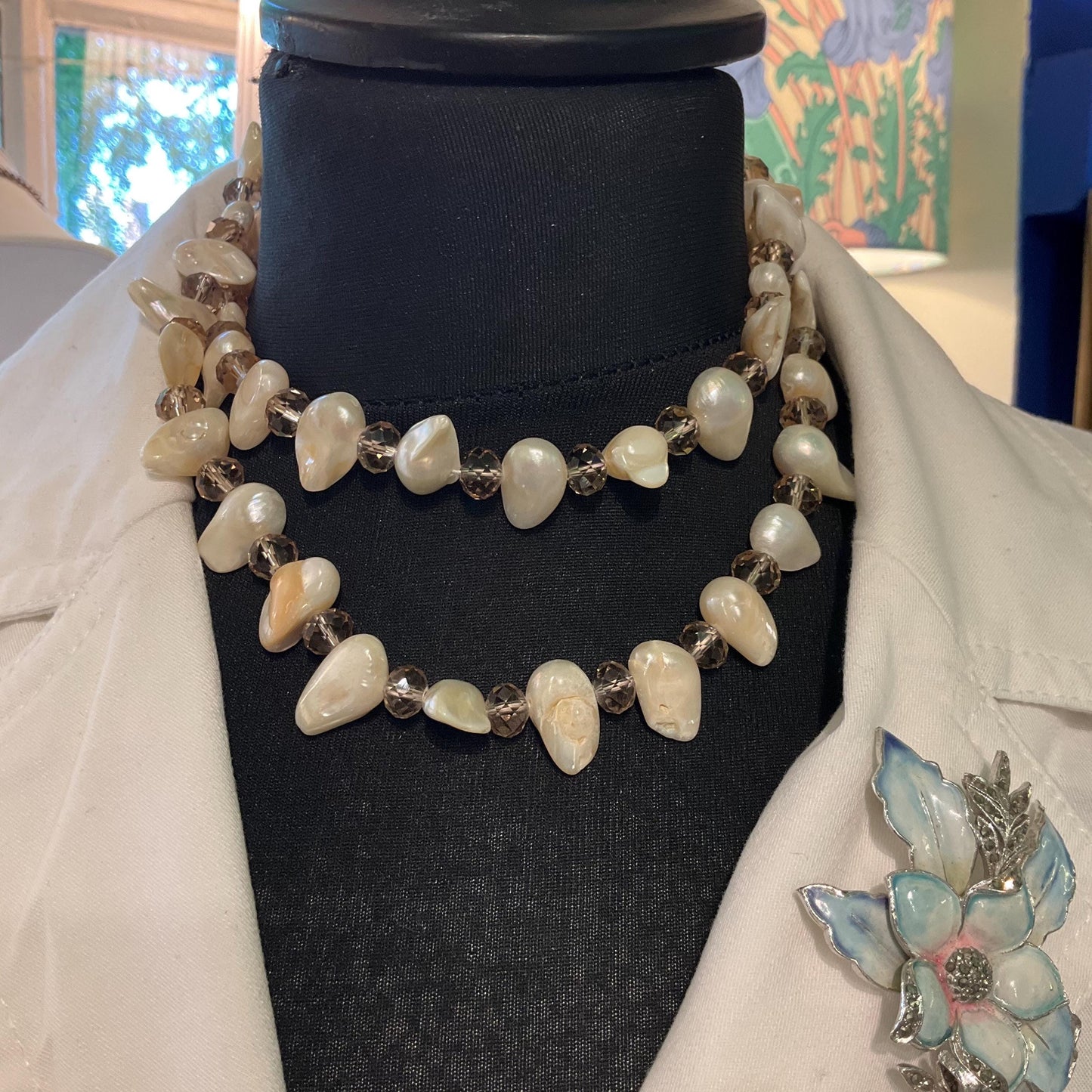 Vintage Baroque Pearl and Pale Gold Crystal Opera Length Beaded Necklace, unworn with original tags