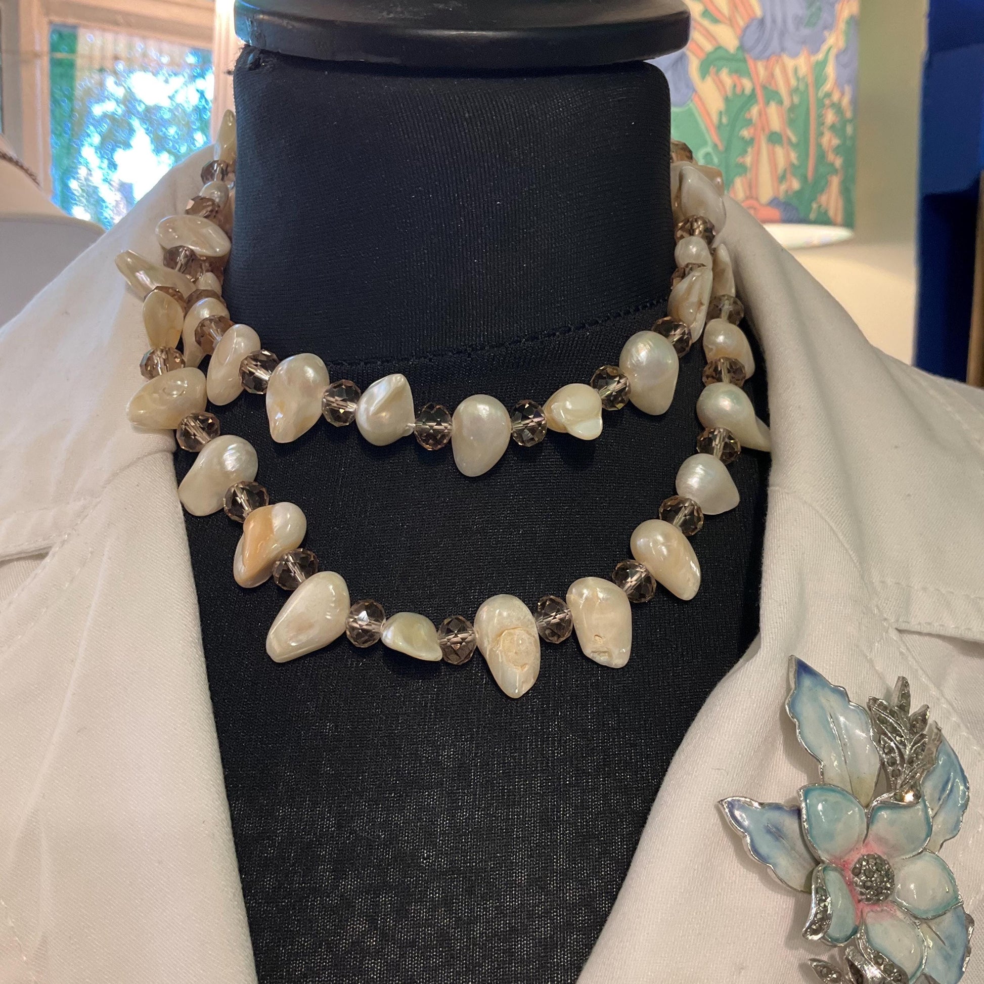 Vintage Baroque Pearl and Pale Gold Crystal Opera Length Beaded Necklace, unworn with original tags