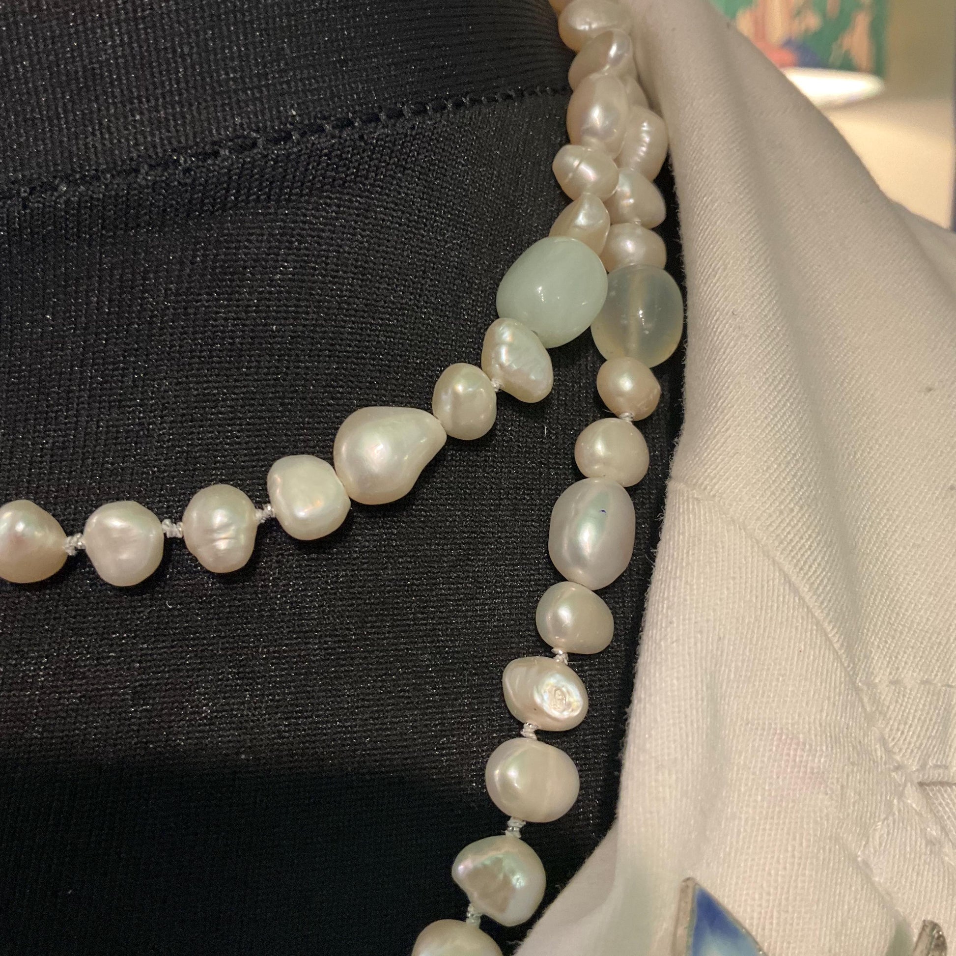 Vintage Ivory Fresh Water Pearl and Jade Beaded Opera Length Necklace, Palest Green Jade, Hand Knotted