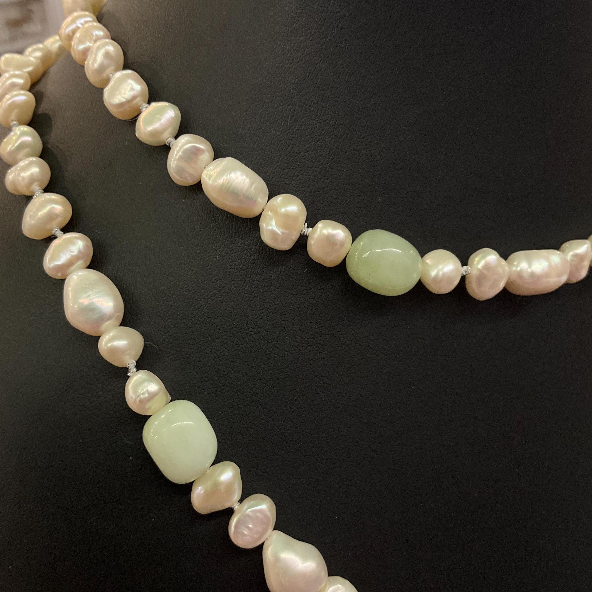 Vintage Ivory Fresh Water Pearl and Jade Beaded Opera Length Necklace, Palest Green Jade, Hand Knotted