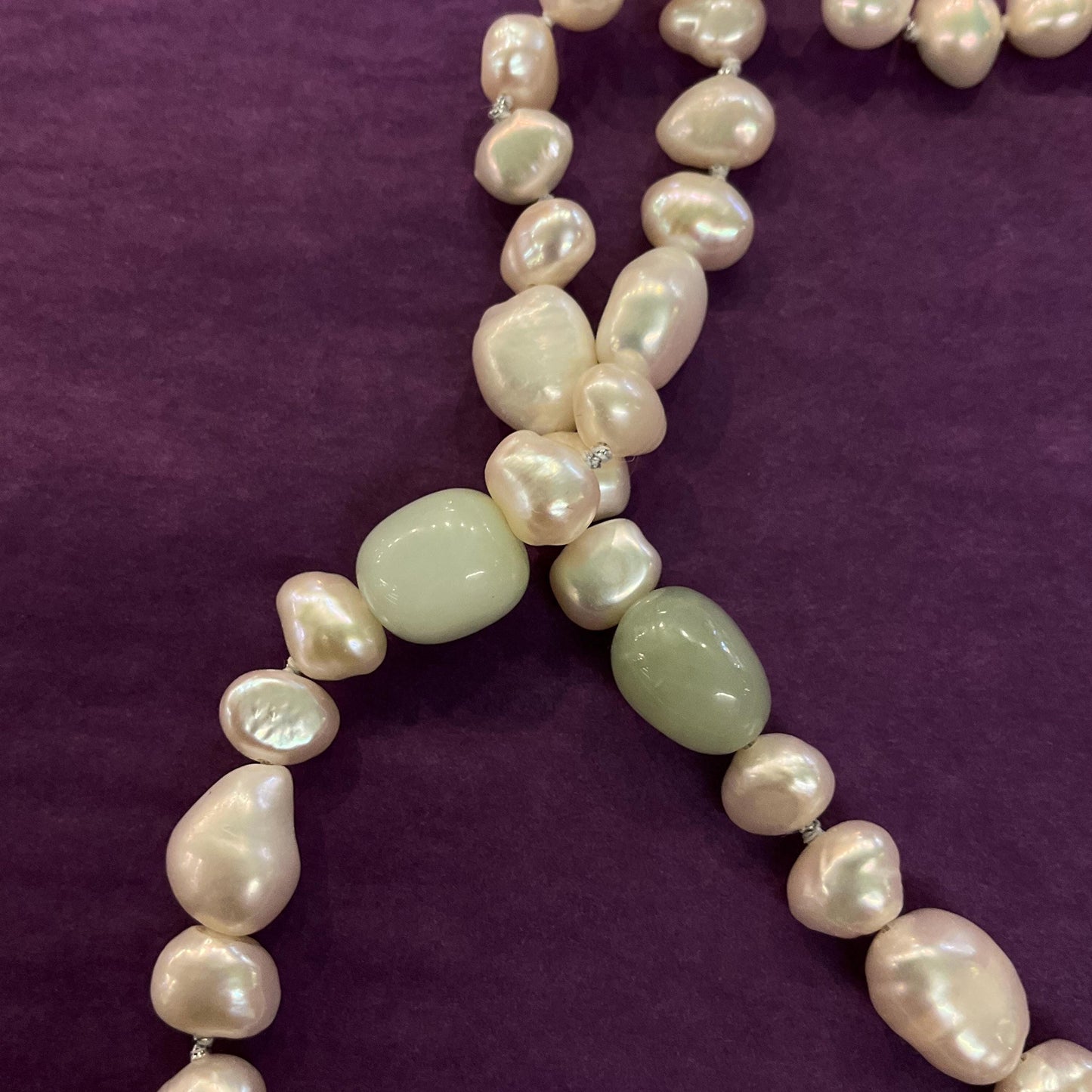 Vintage Ivory Fresh Water Pearl and Jade Beaded Opera Length Necklace, Palest Green Jade, Hand Knotted
