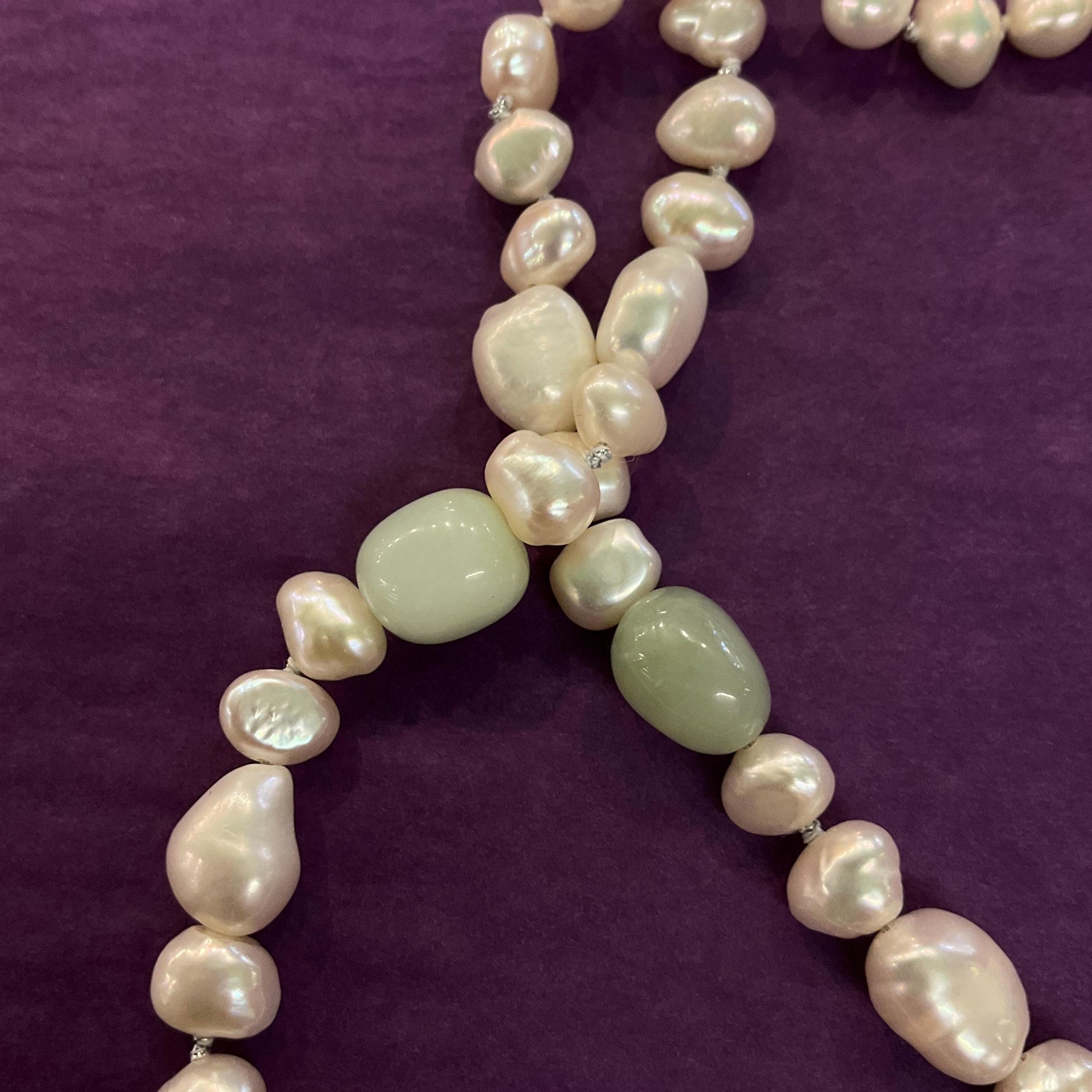 Vintage Ivory Fresh Water Pearl and Jade Beaded Opera Length Necklace, Palest Green Jade, Hand Knotted