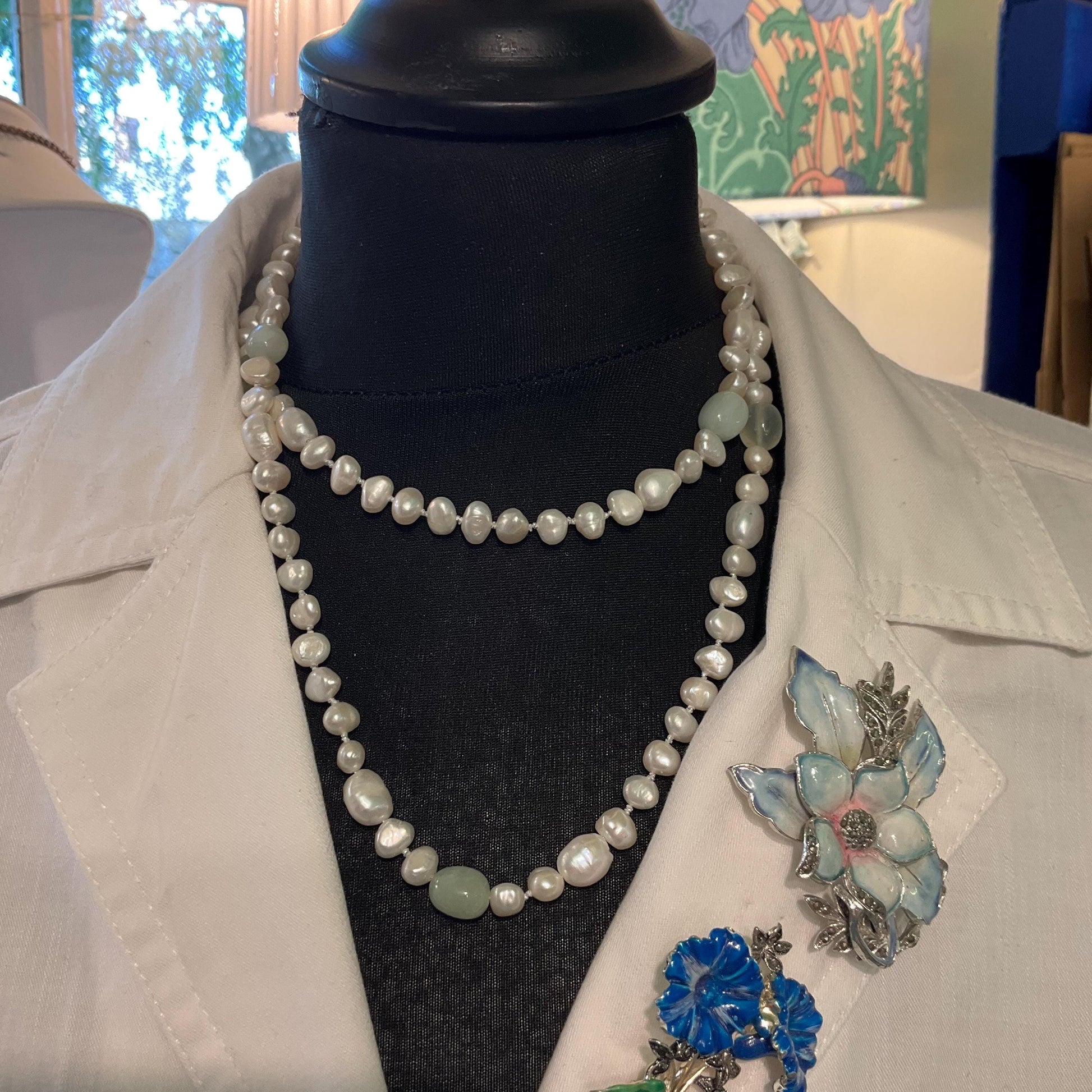 Vintage Ivory Fresh Water Pearl and Jade Beaded Opera Length Necklace, Palest Green Jade, Hand Knotted