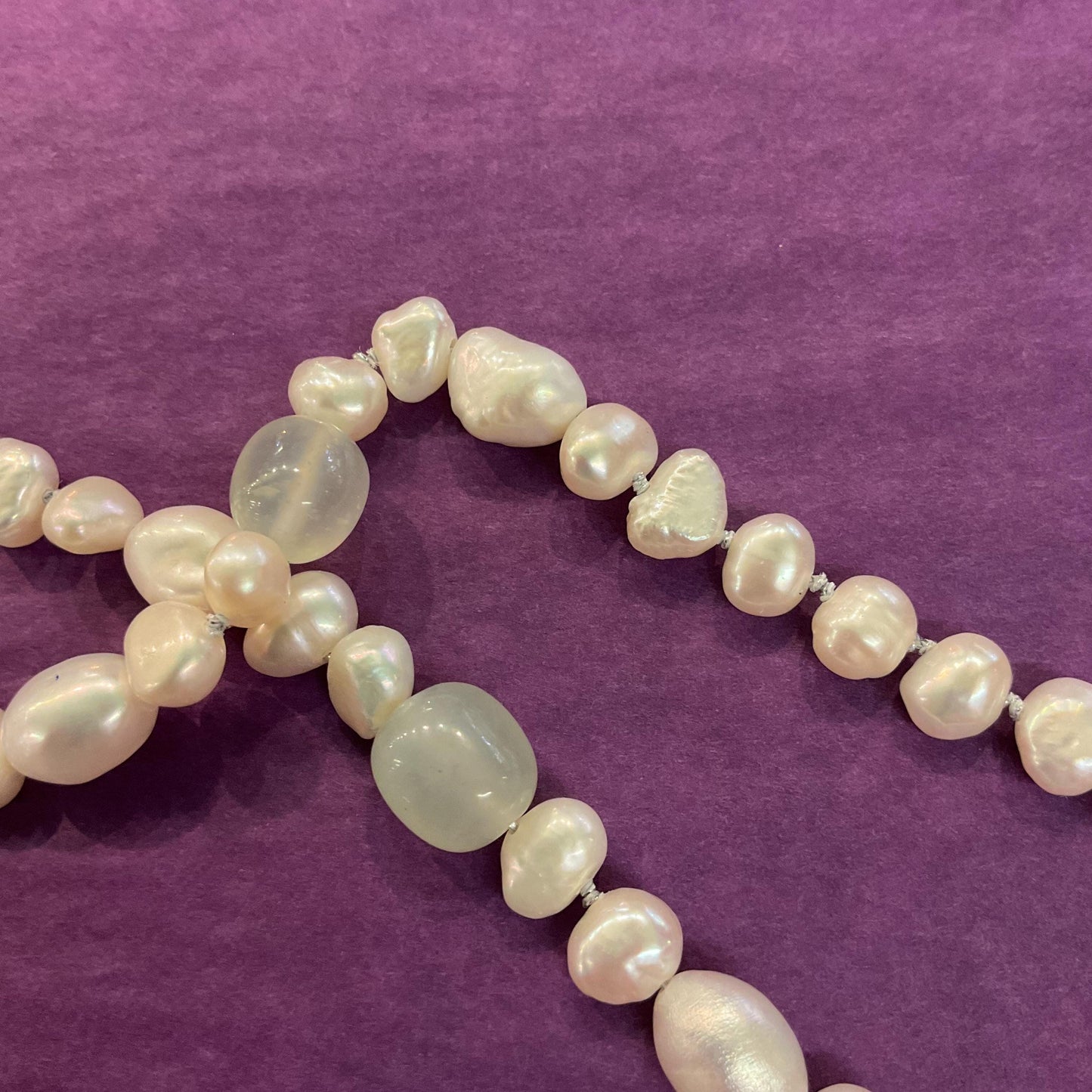 Vintage Ivory Fresh Water Pearl and Jade Beaded Opera Length Necklace, Palest Green Jade, Hand Knotted